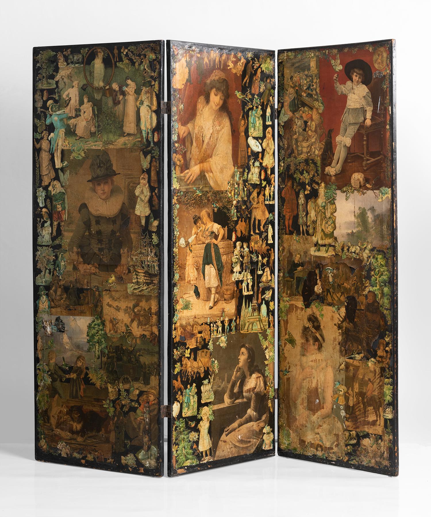 3-panel Folk Art screen Europe, early 20th century.

One of a kind screen with decoupage on all sides.