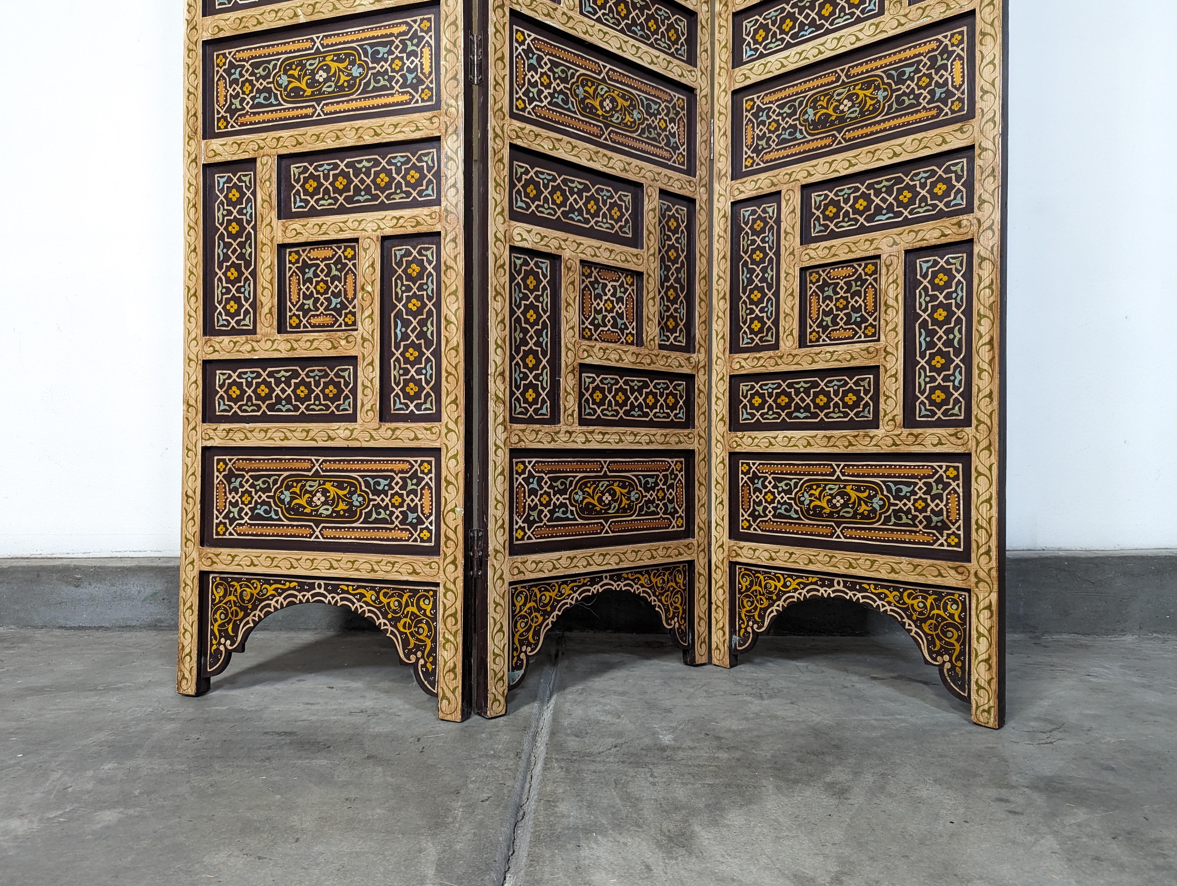 Anglo-Indian 3 Panel Hand Painted Moroccan Style Wood Screen Divider For Sale