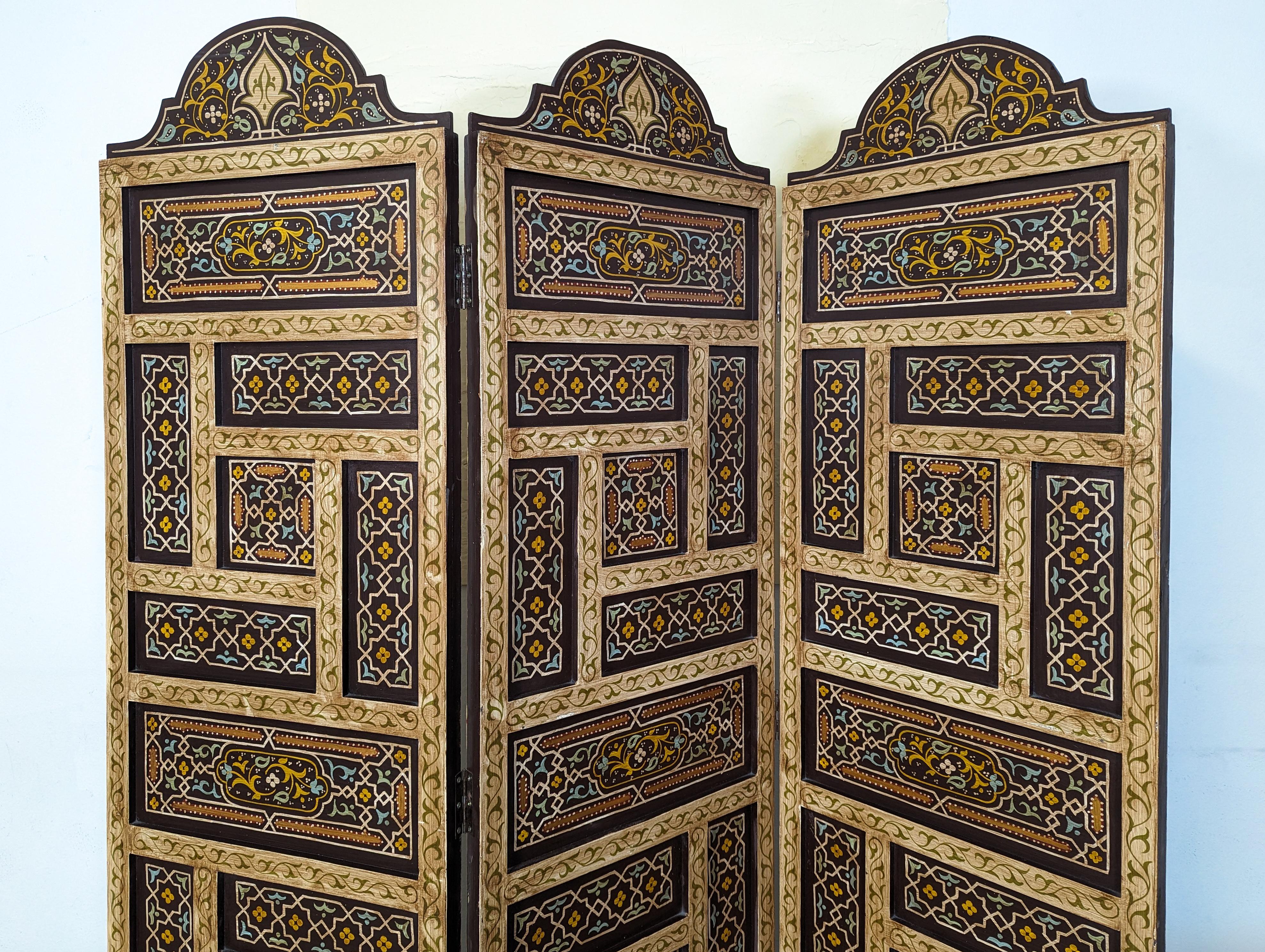 Unknown 3 Panel Hand Painted Moroccan Style Wood Screen Divider For Sale