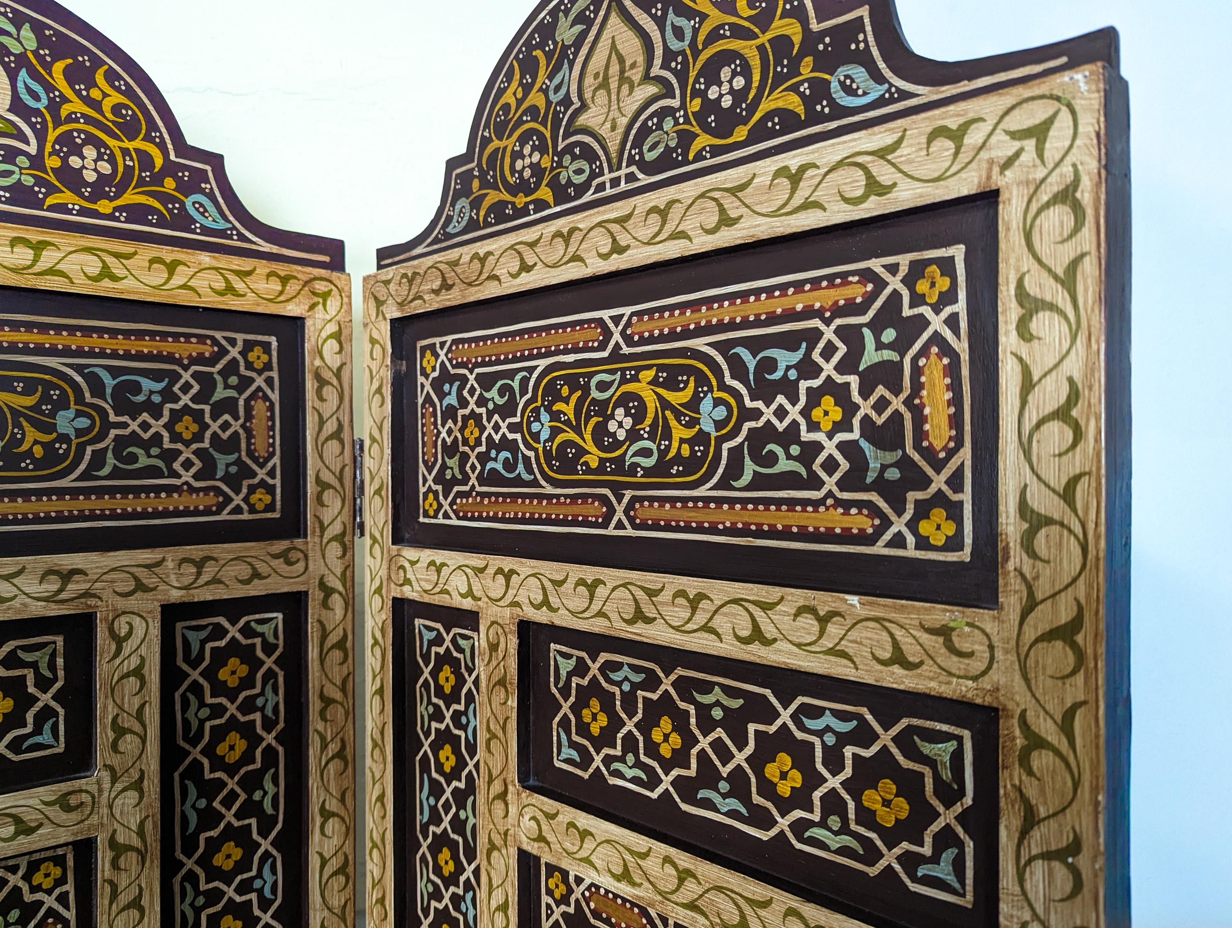 Hand-Painted 3 Panel Hand Painted Moroccan Style Wood Screen Divider For Sale