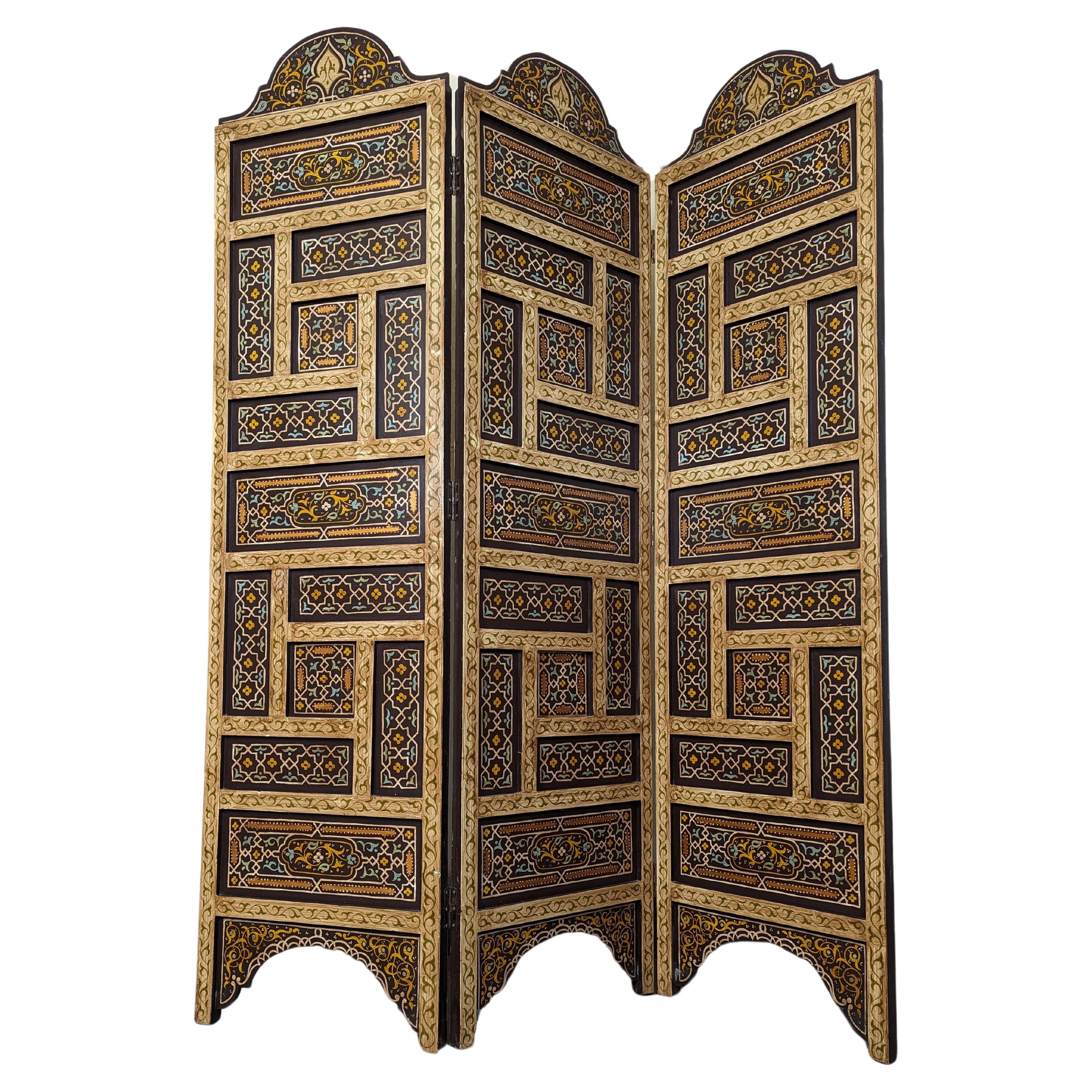 3 Panel Hand Painted Moroccan Style Wood Screen Divider For Sale