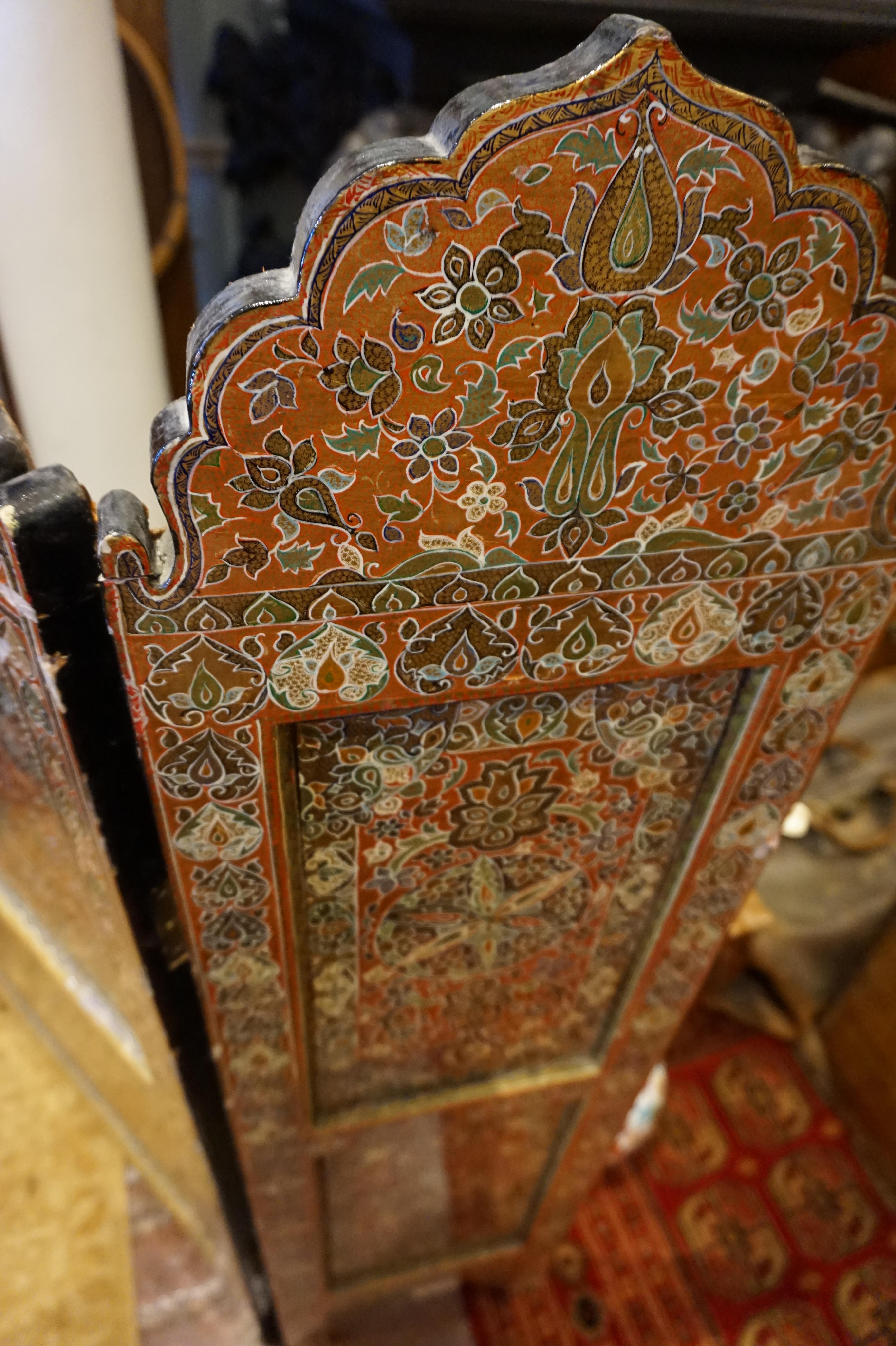 3 panel hand painted rare papier mâché folding screen.
Superfine handmade papier mâché old stock screen from Kashmir with intricate facets and 18-karat gold touches. This would have taken the artist a year to produce on account of it's large scale