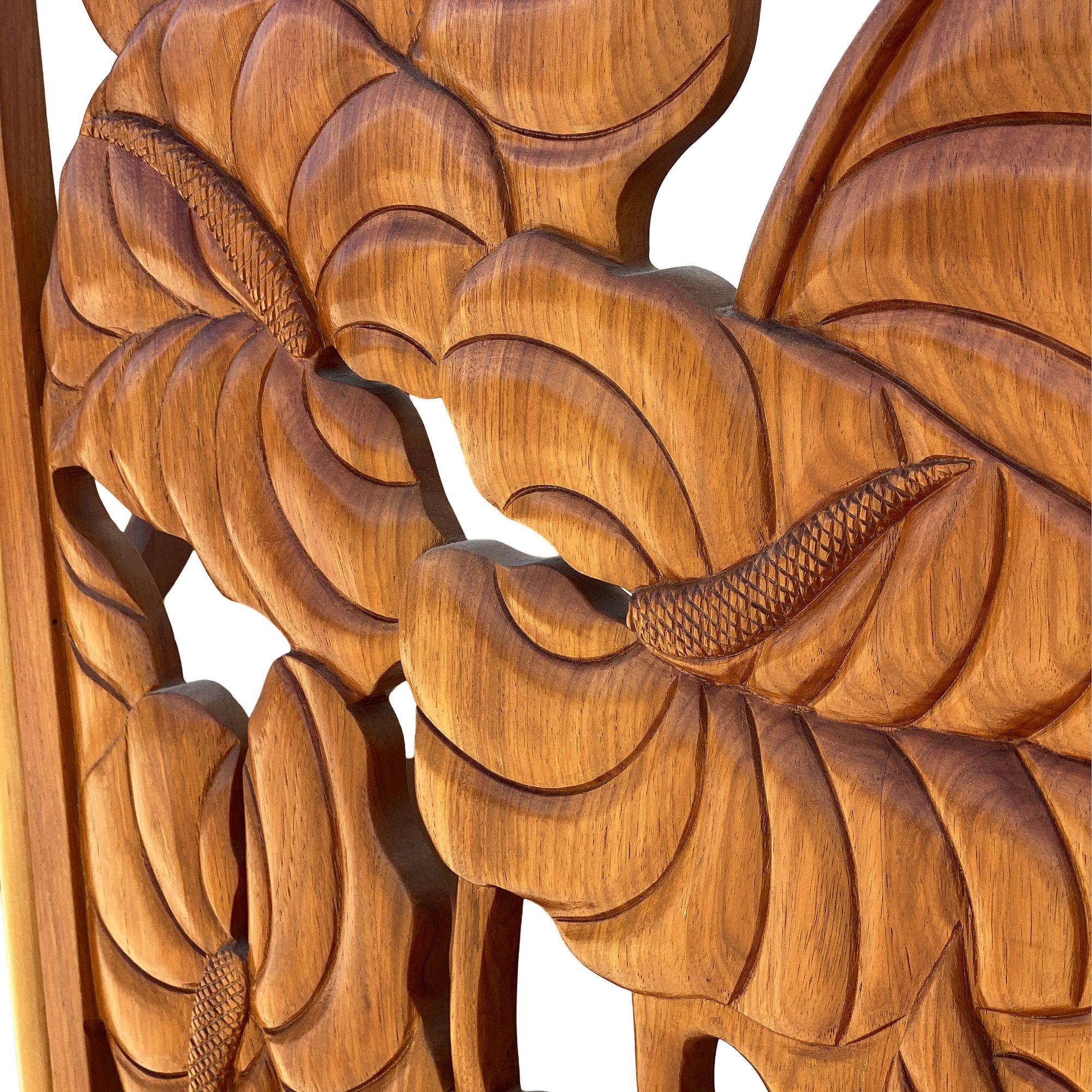 3 Panel Mid-Century Carved Koa Wood & Stacked Rattan Folding Screen 4