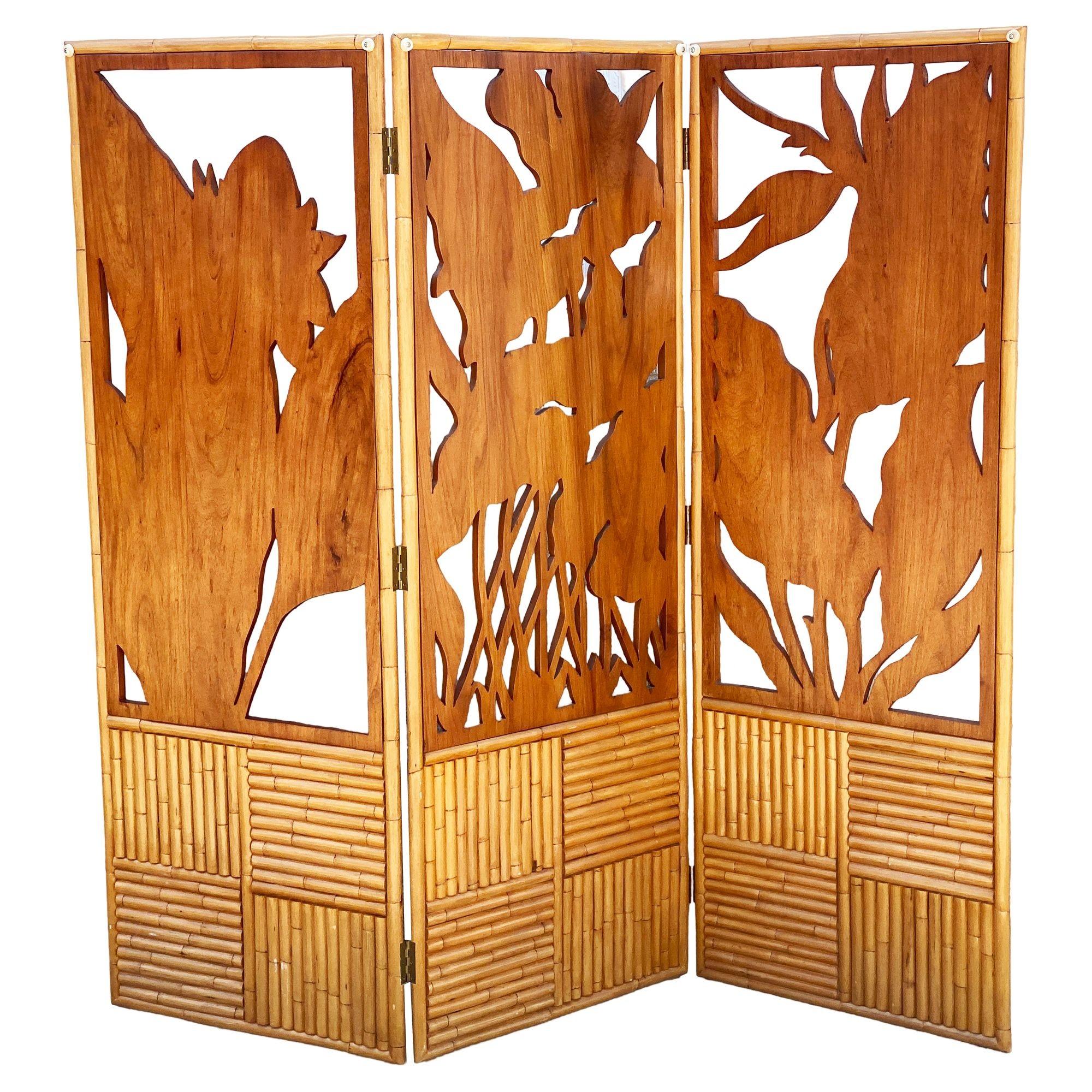 3 Panel Mid-Century Carved Koa Wood & Stacked Rattan Folding Screen 5