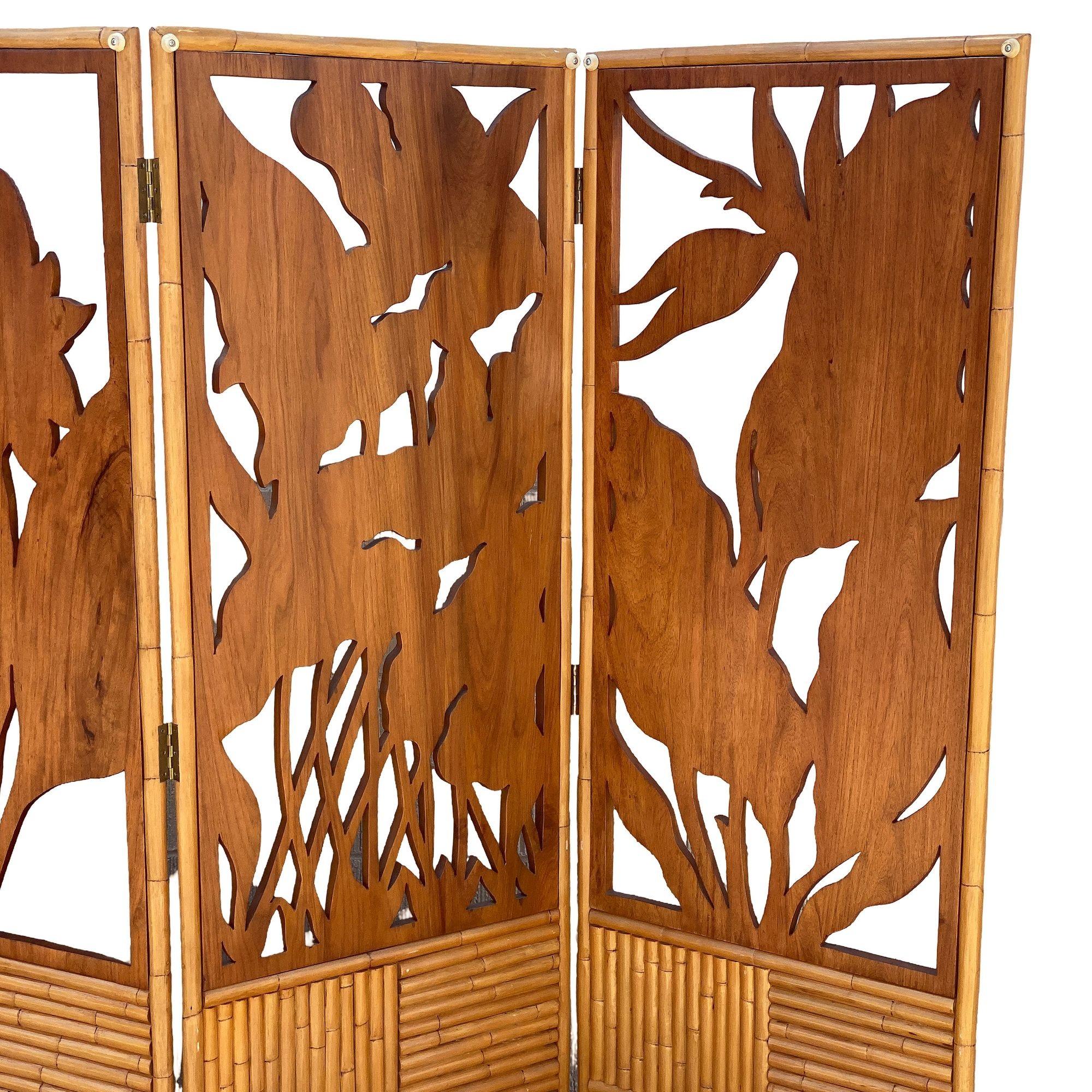 3 Panel Mid-Century Carved Koa Wood & Stacked Rattan Folding Screen 6