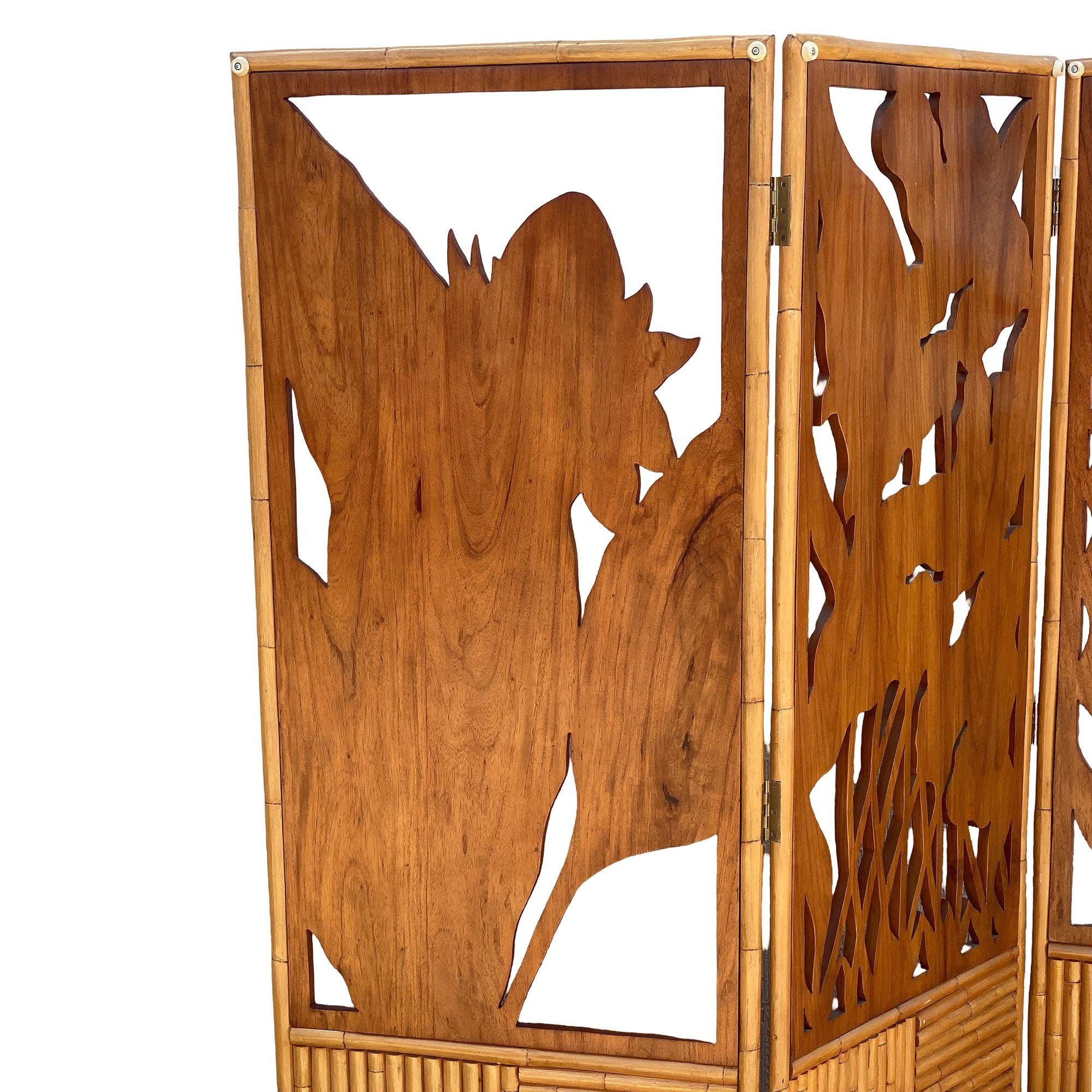 3 Panel Mid-Century Carved Koa Wood & Stacked Rattan Folding Screen 7