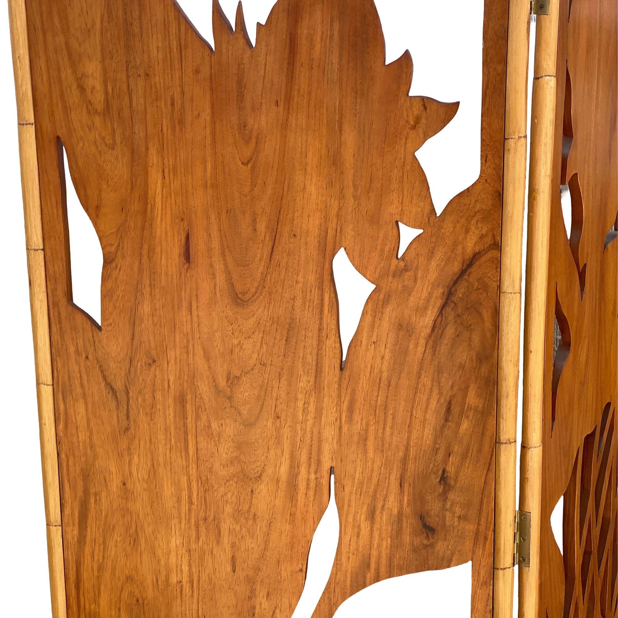 3 Panel Mid-Century Carved Koa Wood & Stacked Rattan Folding Screen 8