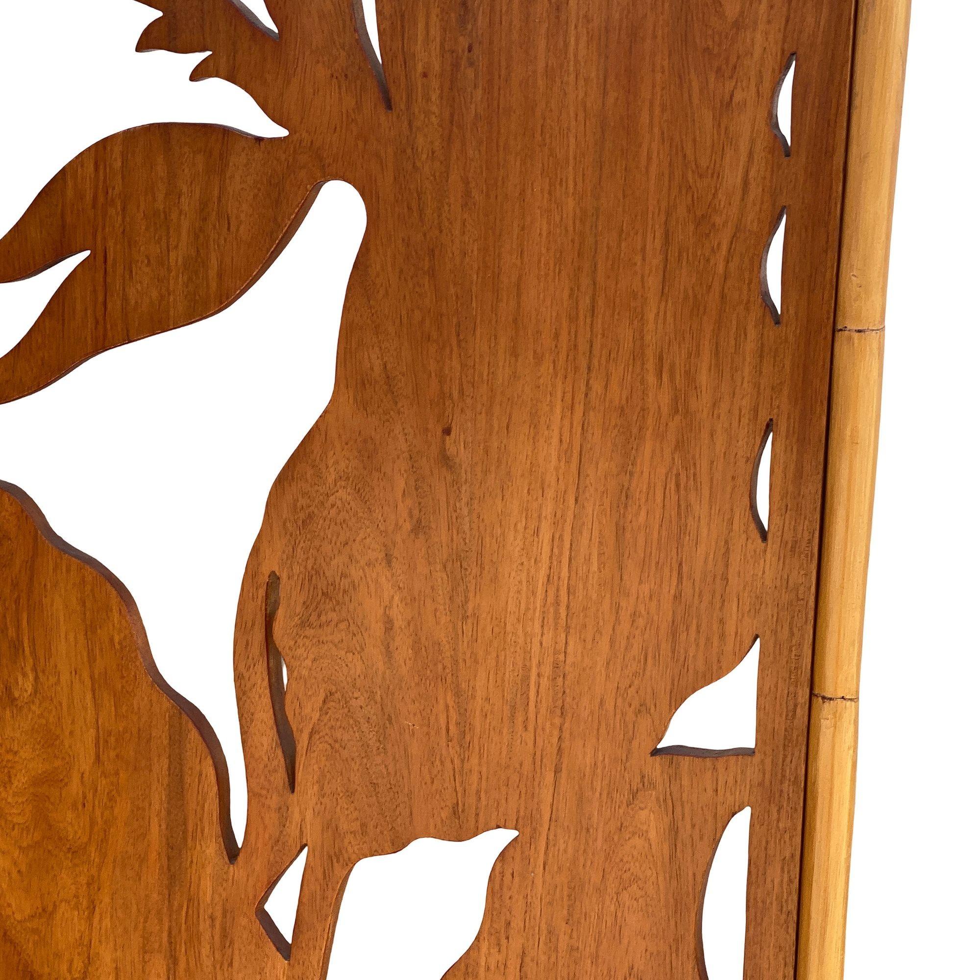 3 Panel Mid-Century Carved Koa Wood & Stacked Rattan Folding Screen 9