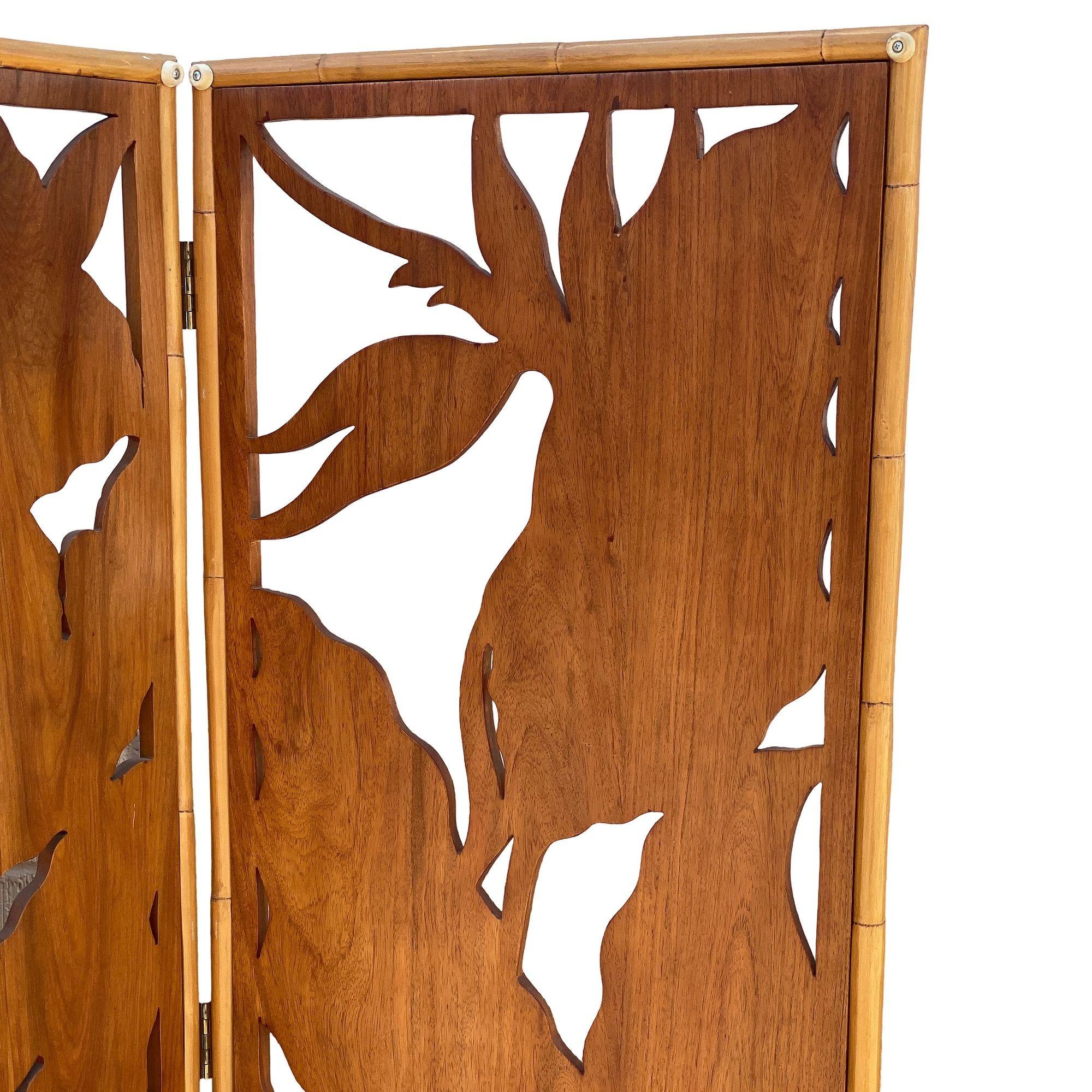 3 Panel Mid-Century Carved Koa Wood & Stacked Rattan Folding Screen 10