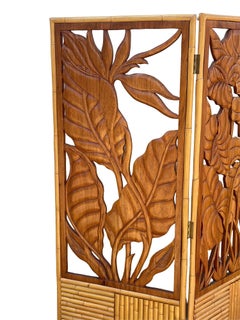 3 Panel Mid-Century Carved Koa Wood & Stacked Rattan Folding Screen