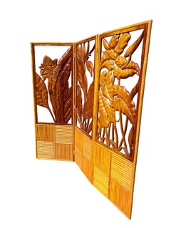 3 Panel Mid-Century Carved Koa Wood & Stacked Rattan Folding Screen