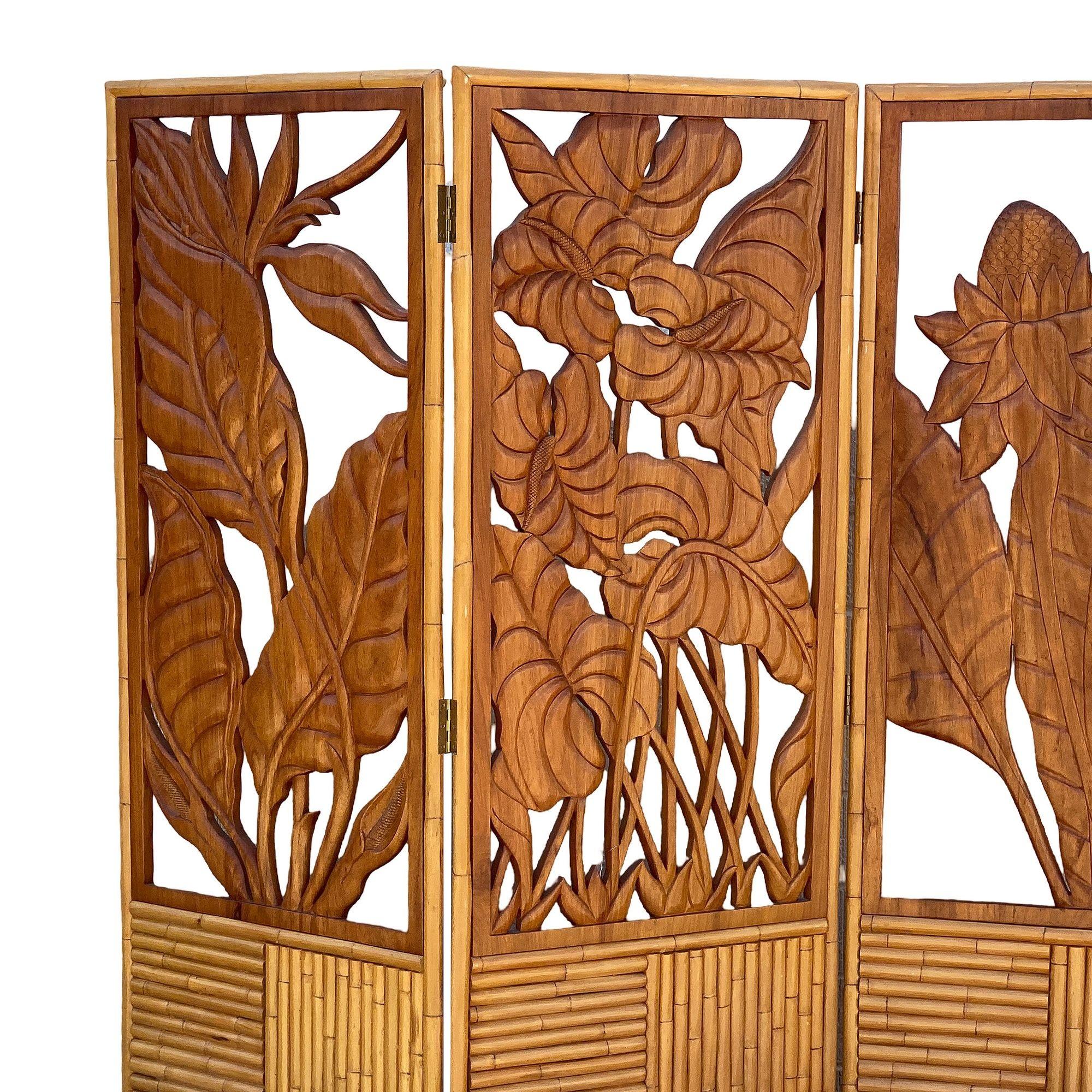 Mid-Century Modern 3 Panel Mid-Century Carved Koa Wood & Stacked Rattan Folding Screen