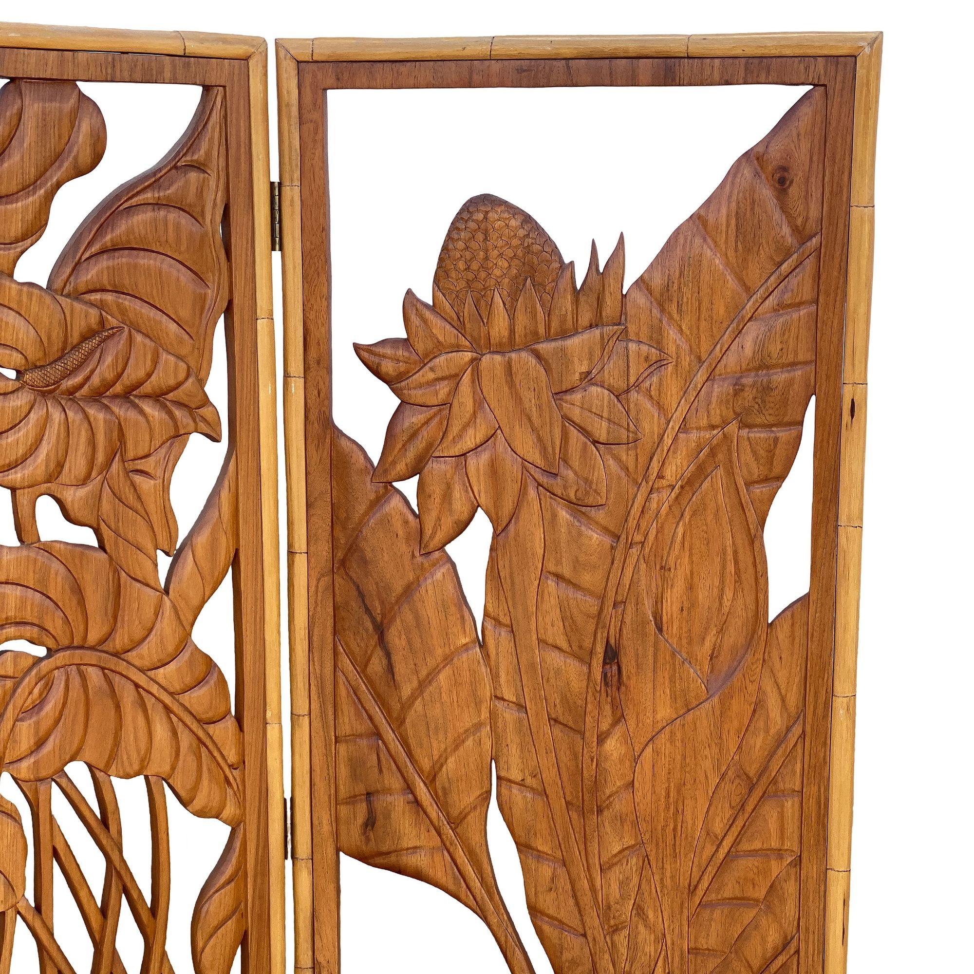 American 3 Panel Mid-Century Carved Koa Wood & Stacked Rattan Folding Screen