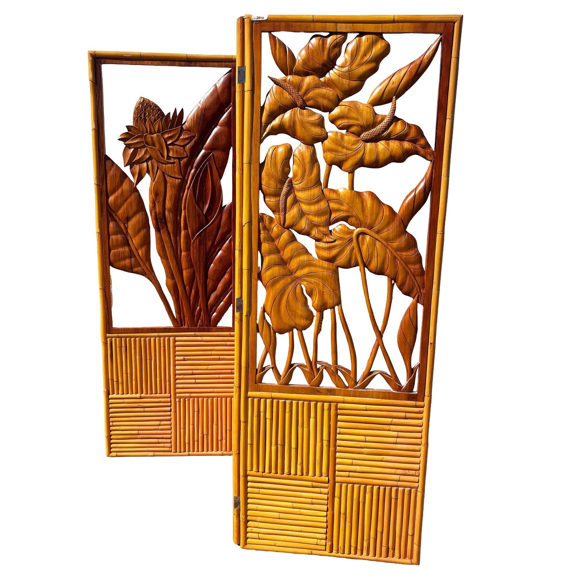 3 Panel Mid-Century geschnitzt Koa Holz & Stacked Rattan Folding Screen im Zustand „Hervorragend“ im Angebot in Van Nuys, CA