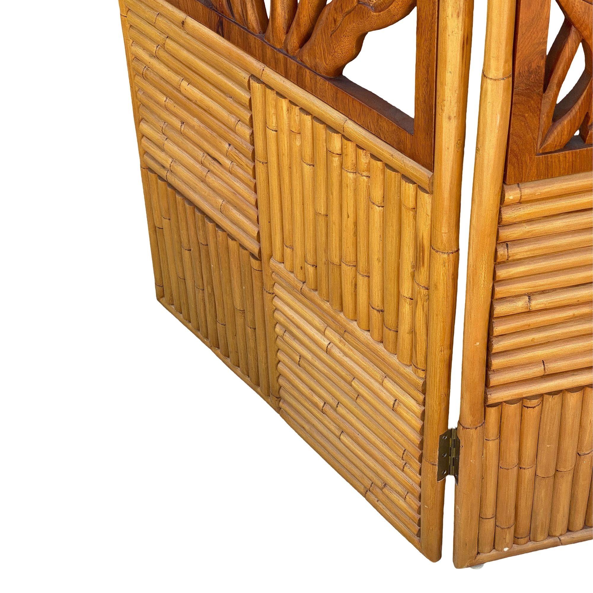 Mid-20th Century 3 Panel Mid-Century Carved Koa Wood & Stacked Rattan Folding Screen