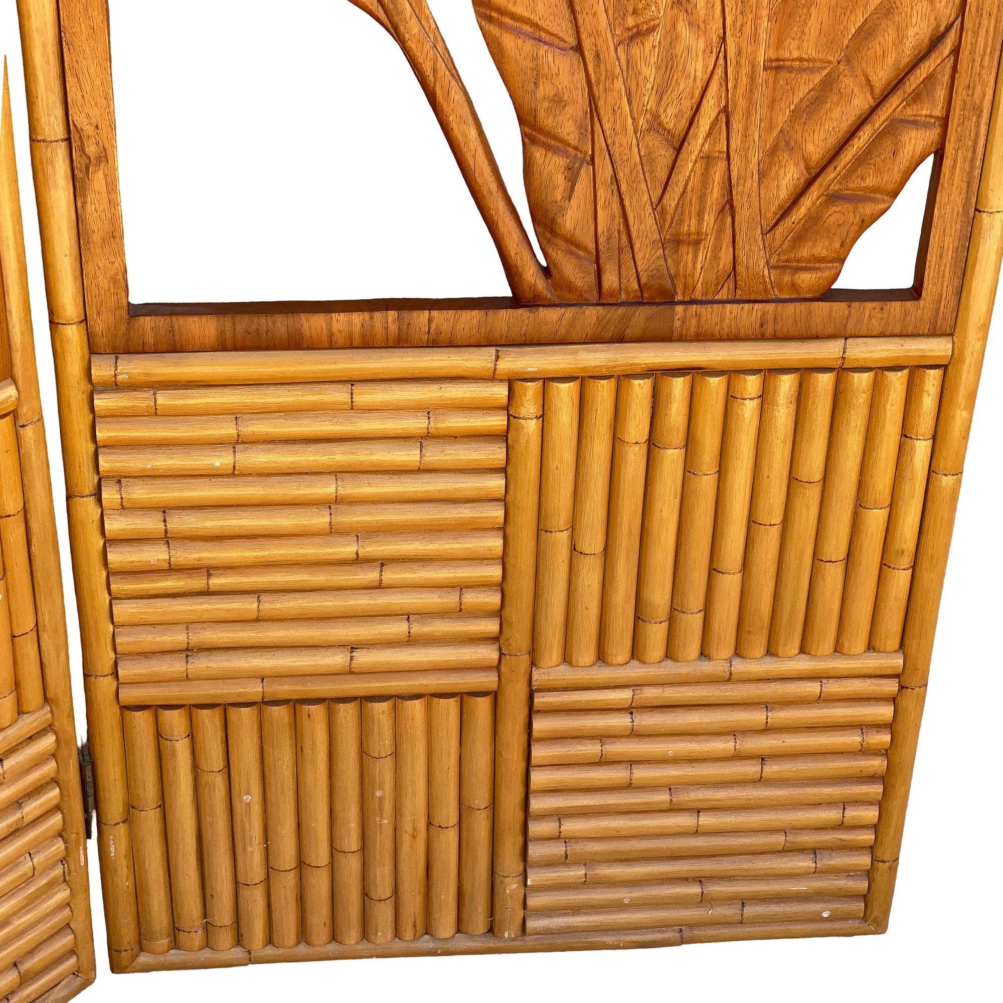 3 Panel Mid-Century Carved Koa Wood & Stacked Rattan Folding Screen 1