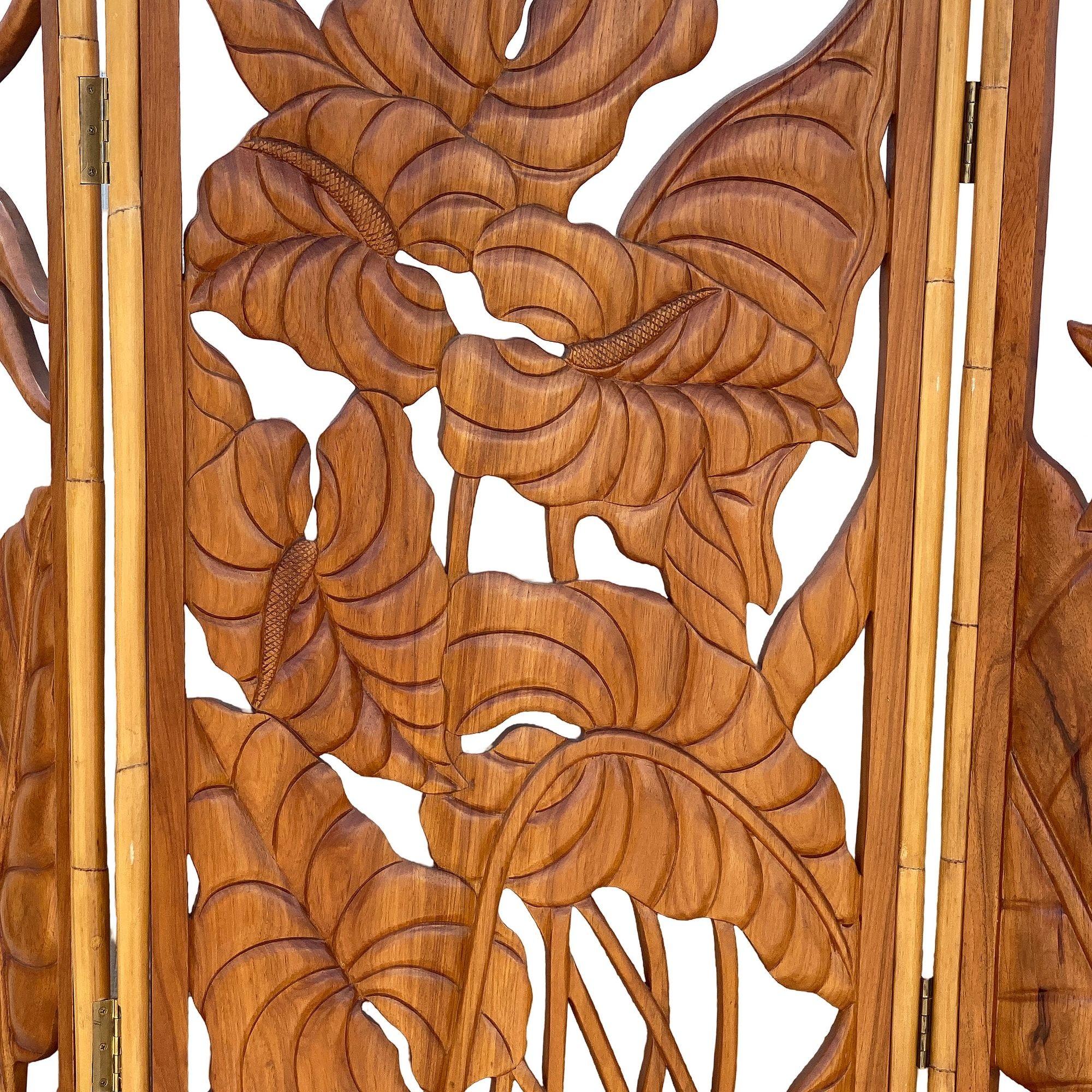 3 Panel Mid-Century Carved Koa Wood & Stacked Rattan Folding Screen 2