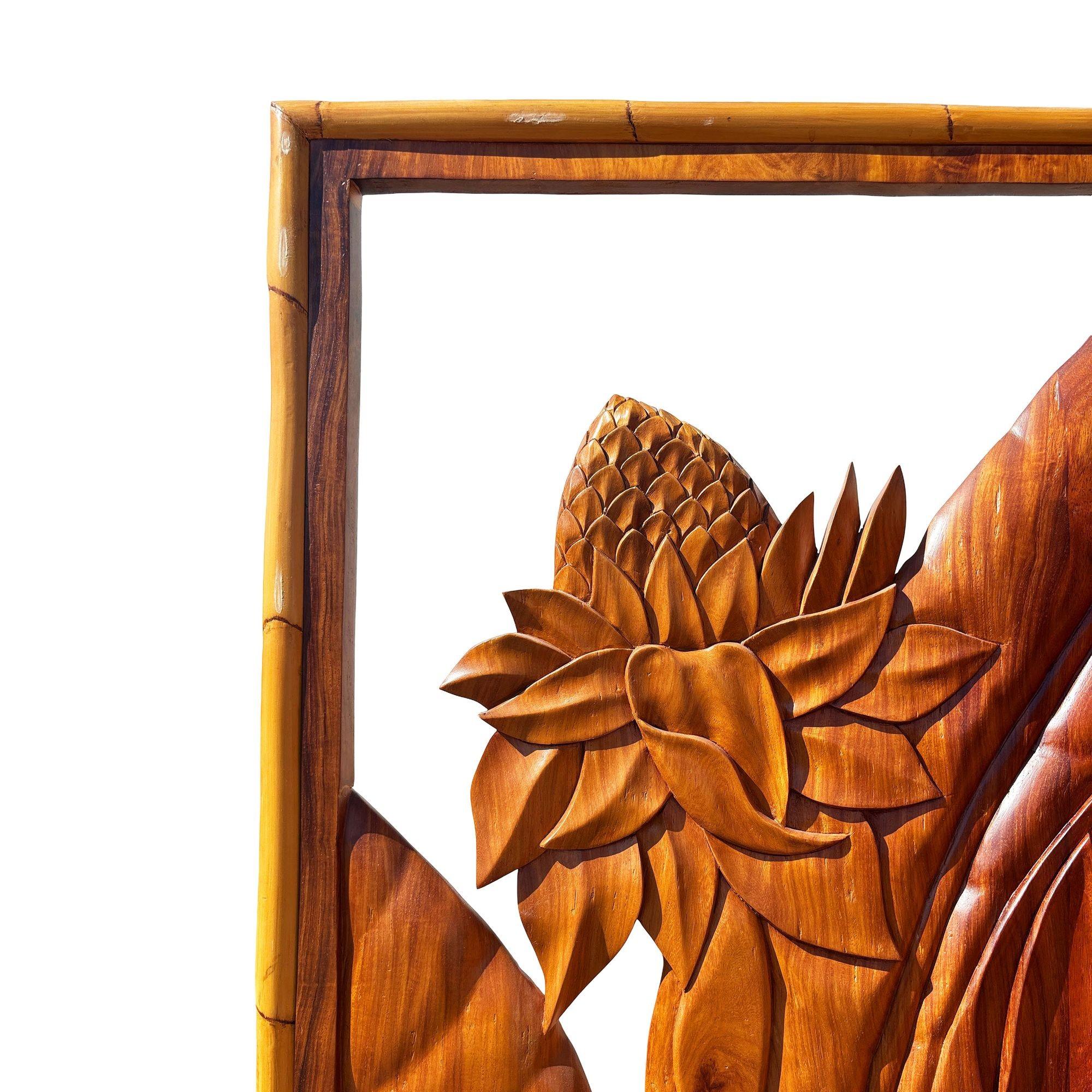 3 Panel Mid-Century geschnitzt Koa Holz & Stacked Rattan Folding Screen im Angebot 2