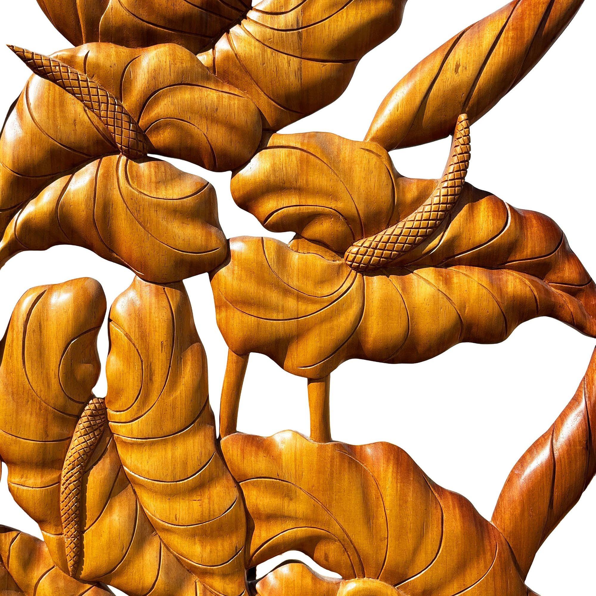 3 Panel Mid-Century geschnitzt Koa Holz & Stacked Rattan Folding Screen im Angebot 3