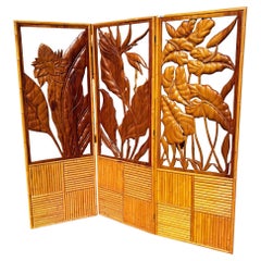 3 Panel Mid-Century Carved Koa Wood & Stacked Rattan Folding Screen