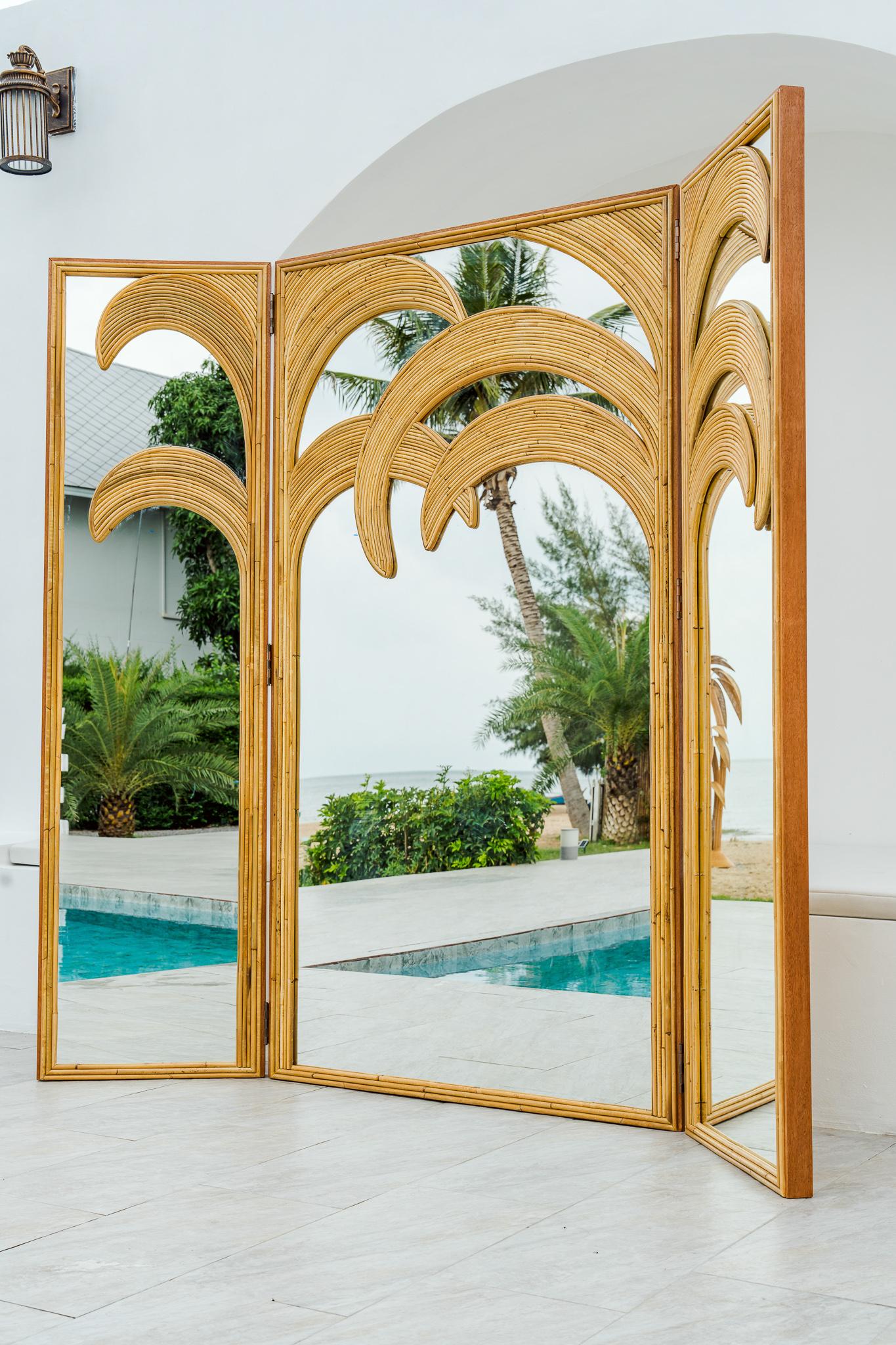 3 Panels Rattan and Mirrored Palm Tree Shaped Folding Screen For Sale 6