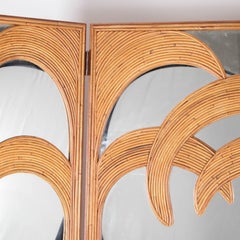 3 Panels Rattan and Mirrored Palm Tree Shaped Folding Screen