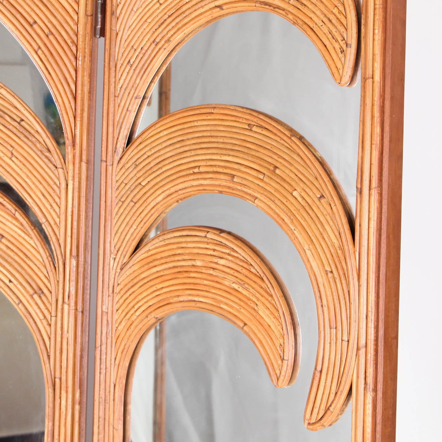 Mid-Century Modern 3 Panels Rattan and Mirrored Palm Tree Shaped Folding Screen