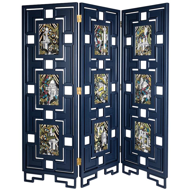 Italian Handcrafted 3 Part Jungle Dome Screen Midnight Blue Laquered Wood For Sale