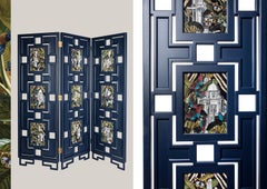 Paravento a cupola Jungling in 3 parti, realizzato a mano in Italia, in legno laccato blu notte