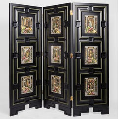 Ottomana artigianale italiana in 3 parti a tema, con paravento in legno nero e verde