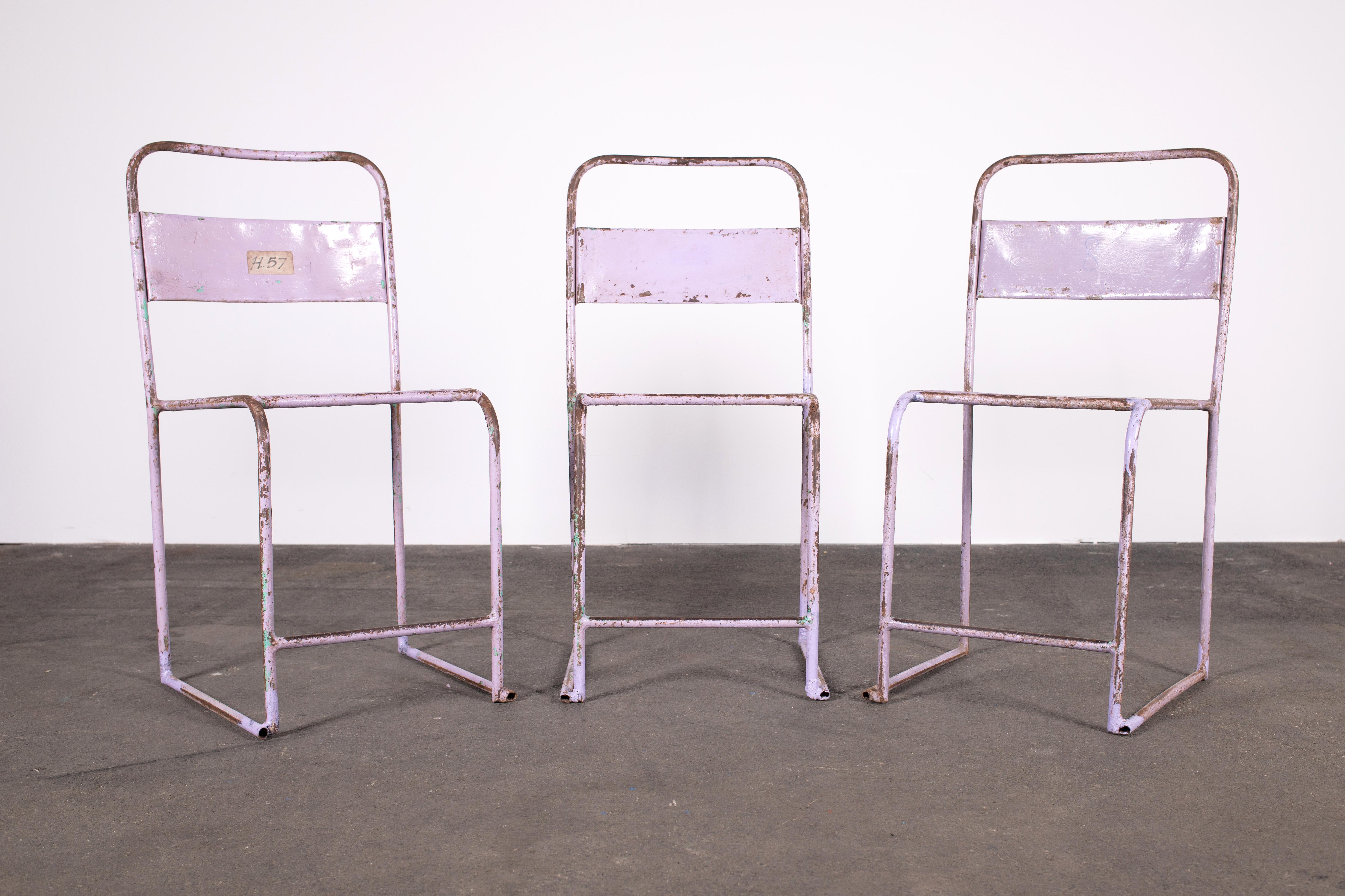 Bauhaus 3 Patinated Mid-Century Modern Industrial Chic Tubular Steel Stacking Chairs For Sale