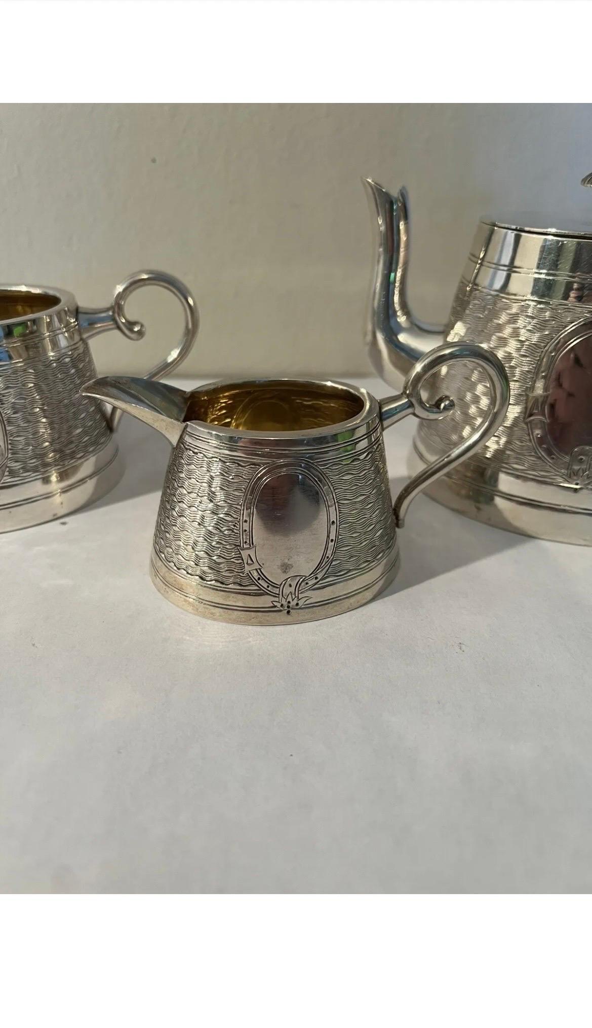 3 Pc., Antique Chinese Export Wang Hing WH90 Sterling Silver Tea Set  In Good Condition For Sale In Atlanta, GA