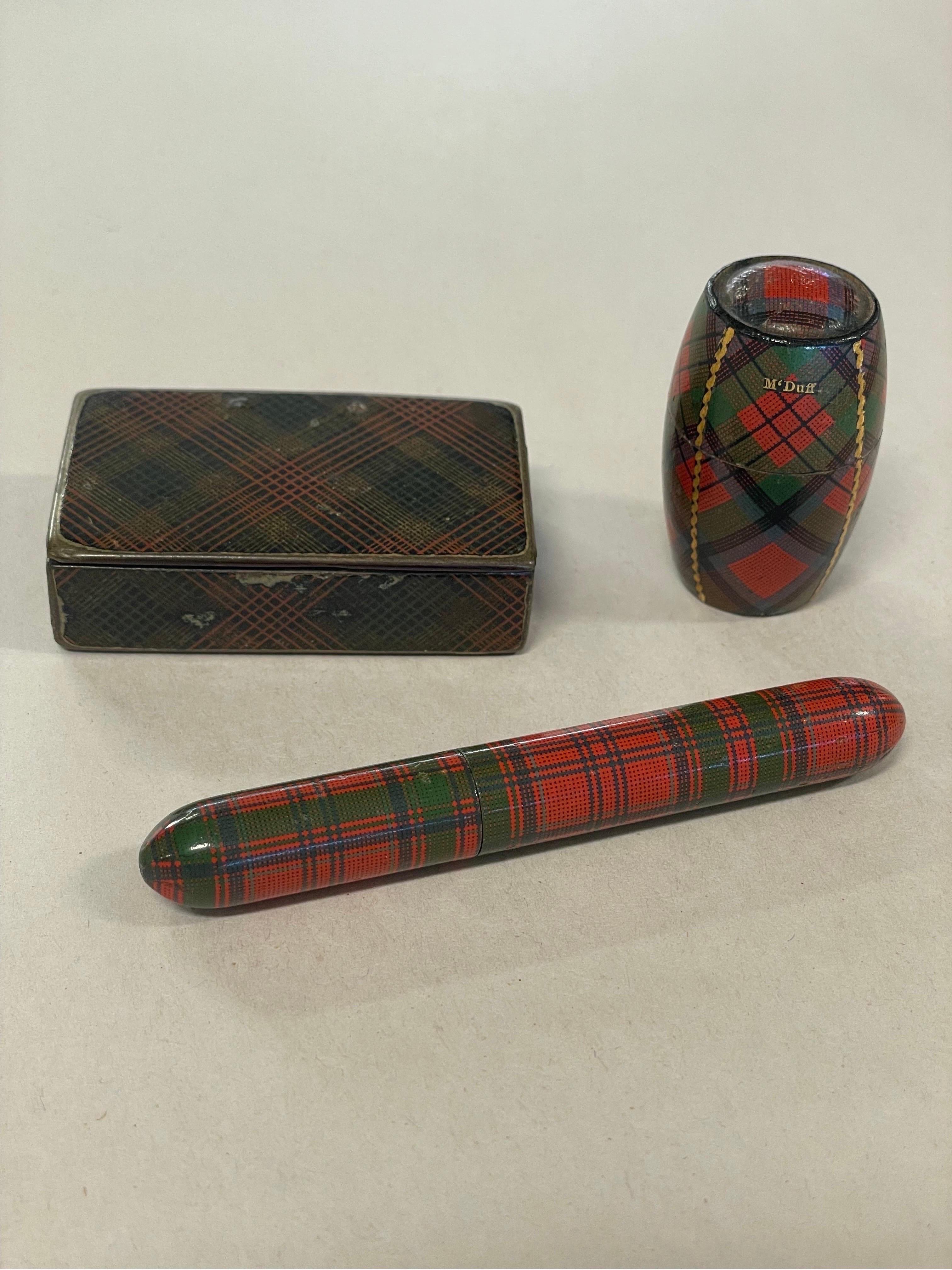 3 Pc, Antique Scottish Tartanware Sewing & Snuff Box Objects In Good Condition For Sale In Atlanta, GA