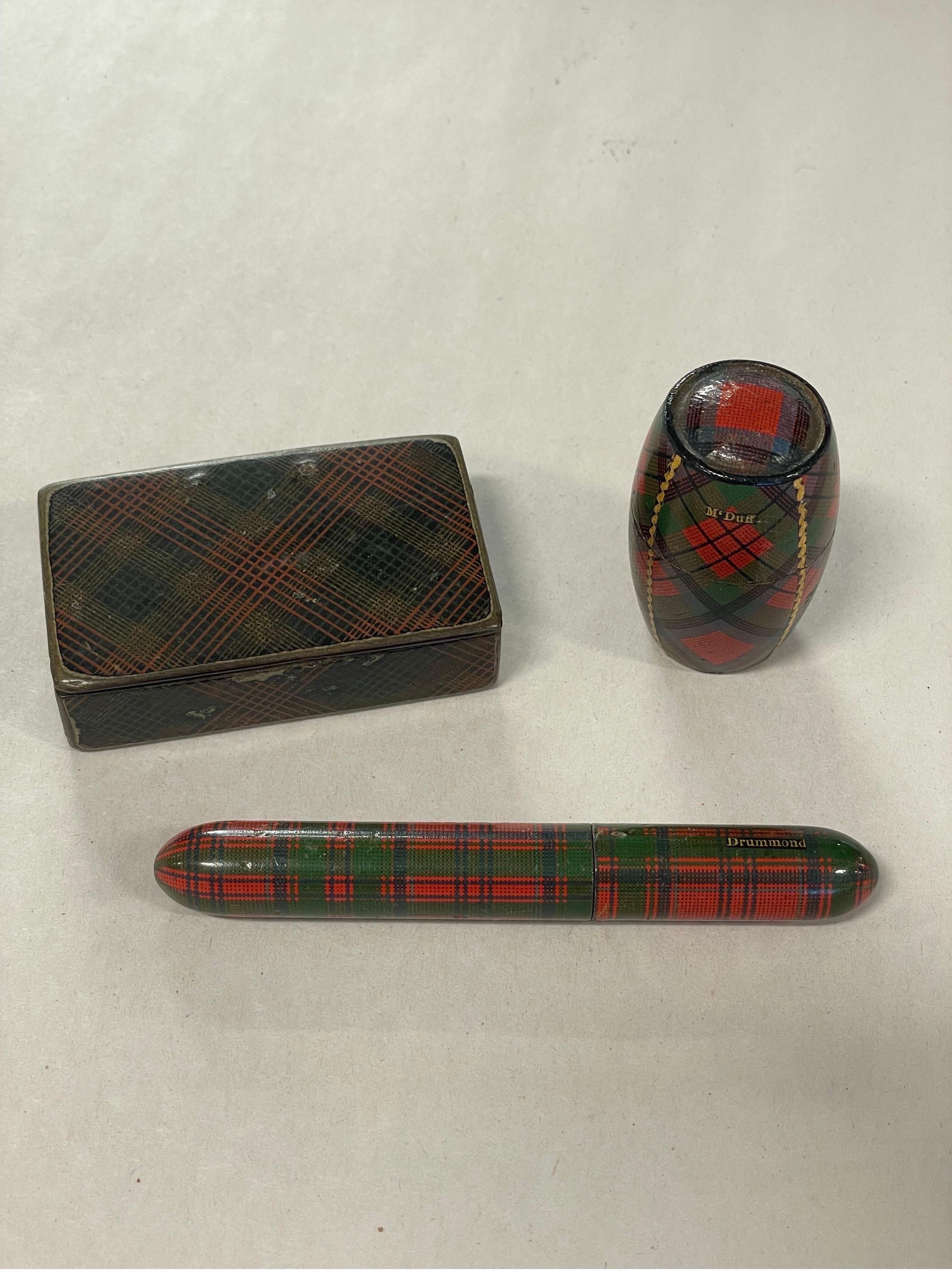 19th Century 3 Pc, Antique Scottish Tartanware Sewing & Snuff Box Objects For Sale