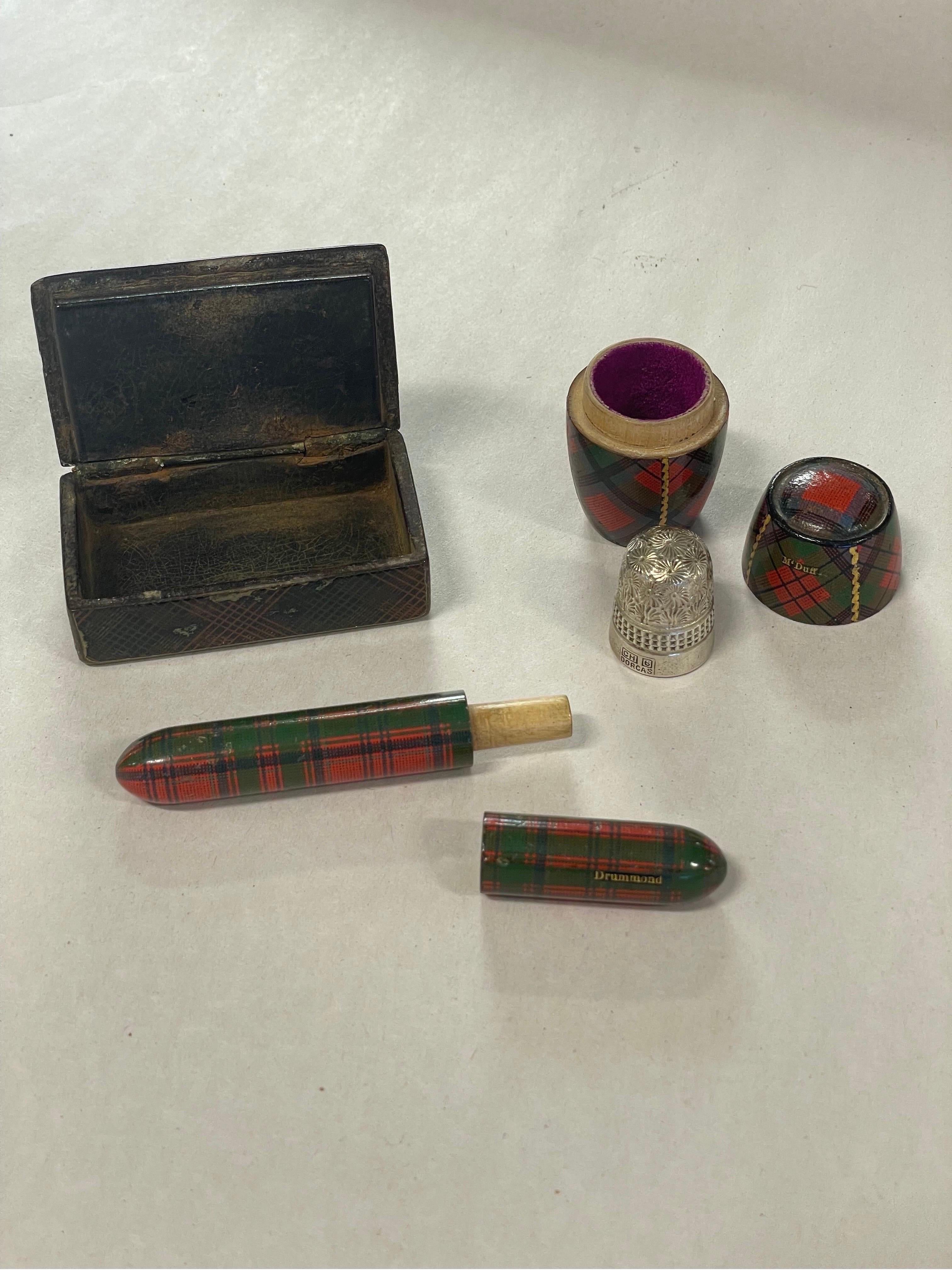 Paper 3 Pc, Antique Scottish Tartanware Sewing & Snuff Box Objects For Sale