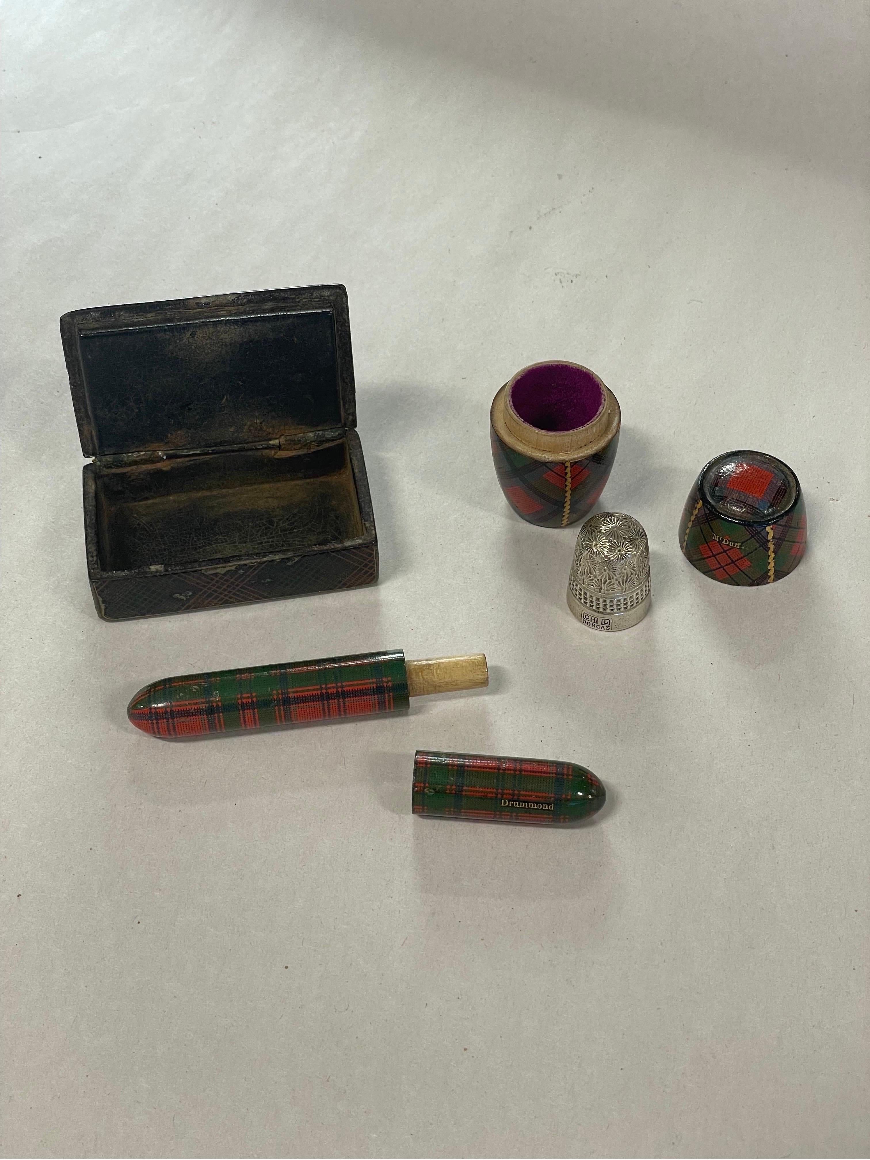 3 Pc, Antique Scottish Tartanware Sewing & Snuff Box Objects For Sale 1