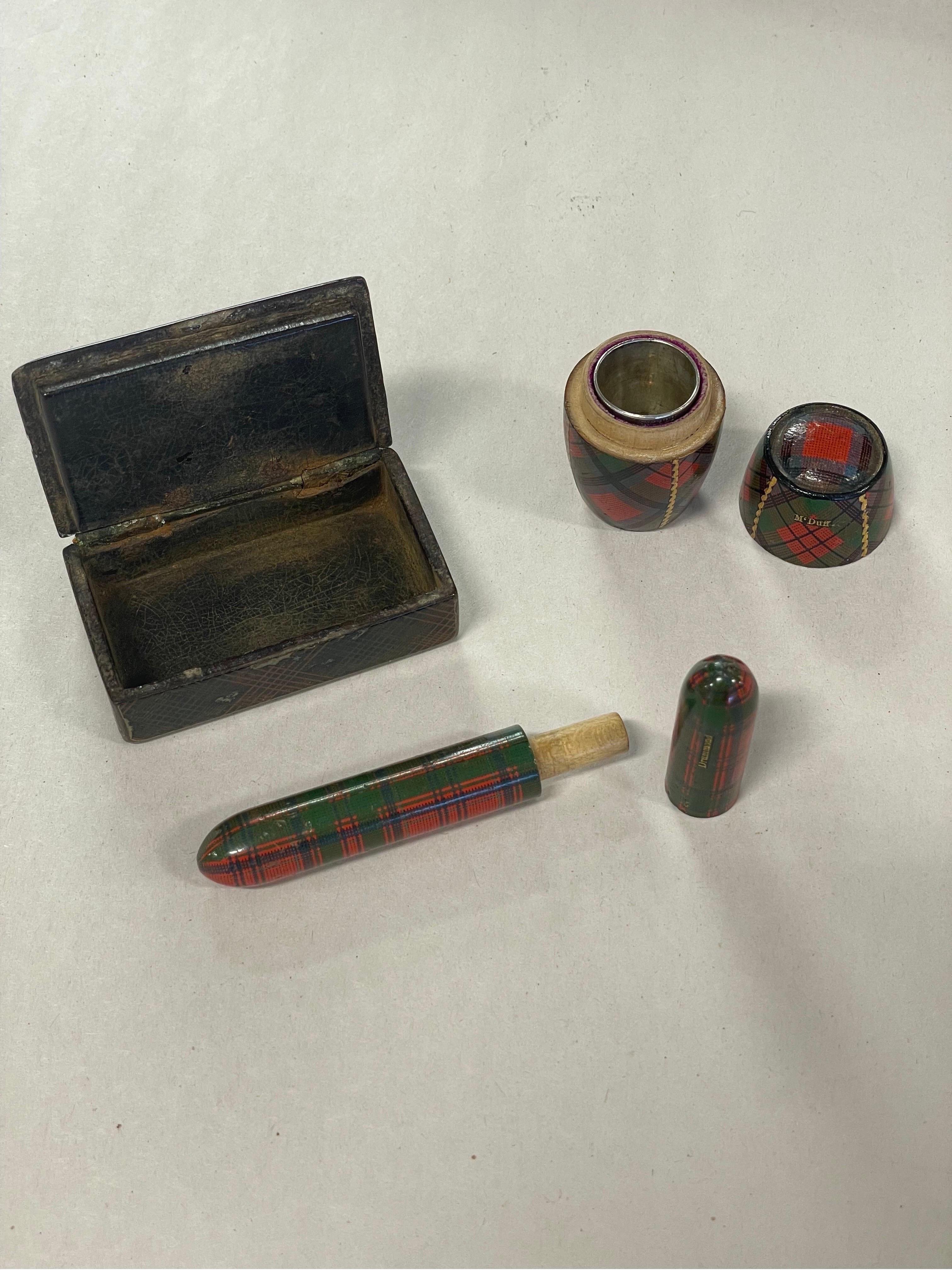 3 Pc, Antique Scottish Tartanware Sewing & Snuff Box Objects For Sale 3