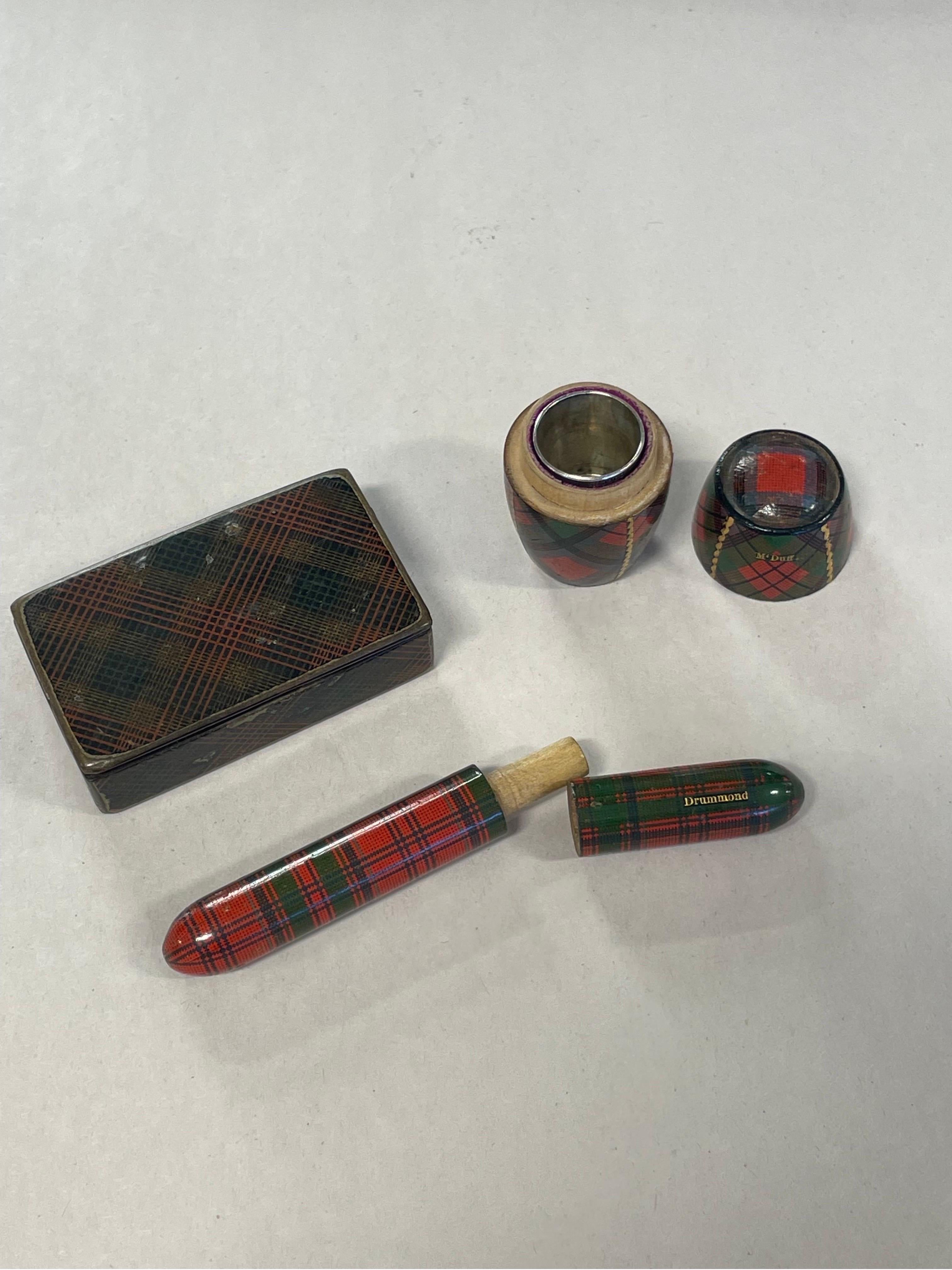 3 Pc, Antique Scottish Tartanware Sewing & Snuff Box Objects For Sale 4