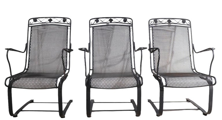 American 3 Pc. Cantilevered Wrought Iron Garden Patio Lounge Chairs Att. to Woodard For Sale