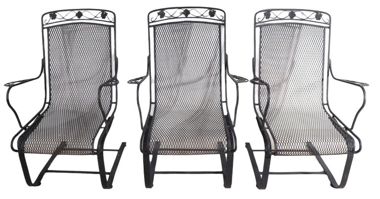 3 Pc. Cantilevered Wrought Iron Garden Patio Lounge Chairs Att. to Woodard In Good Condition For Sale In New York, NY