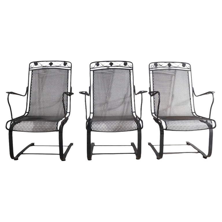 3 Pc. Cantilevered Wrought Iron Garden Patio Lounge Chairs Att. to Woodard For Sale