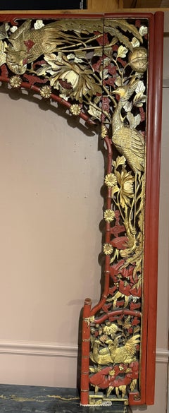 3 pc Carved & Gilt Asian Doorway Panel Surround with Phoenix & Dragon Decoration