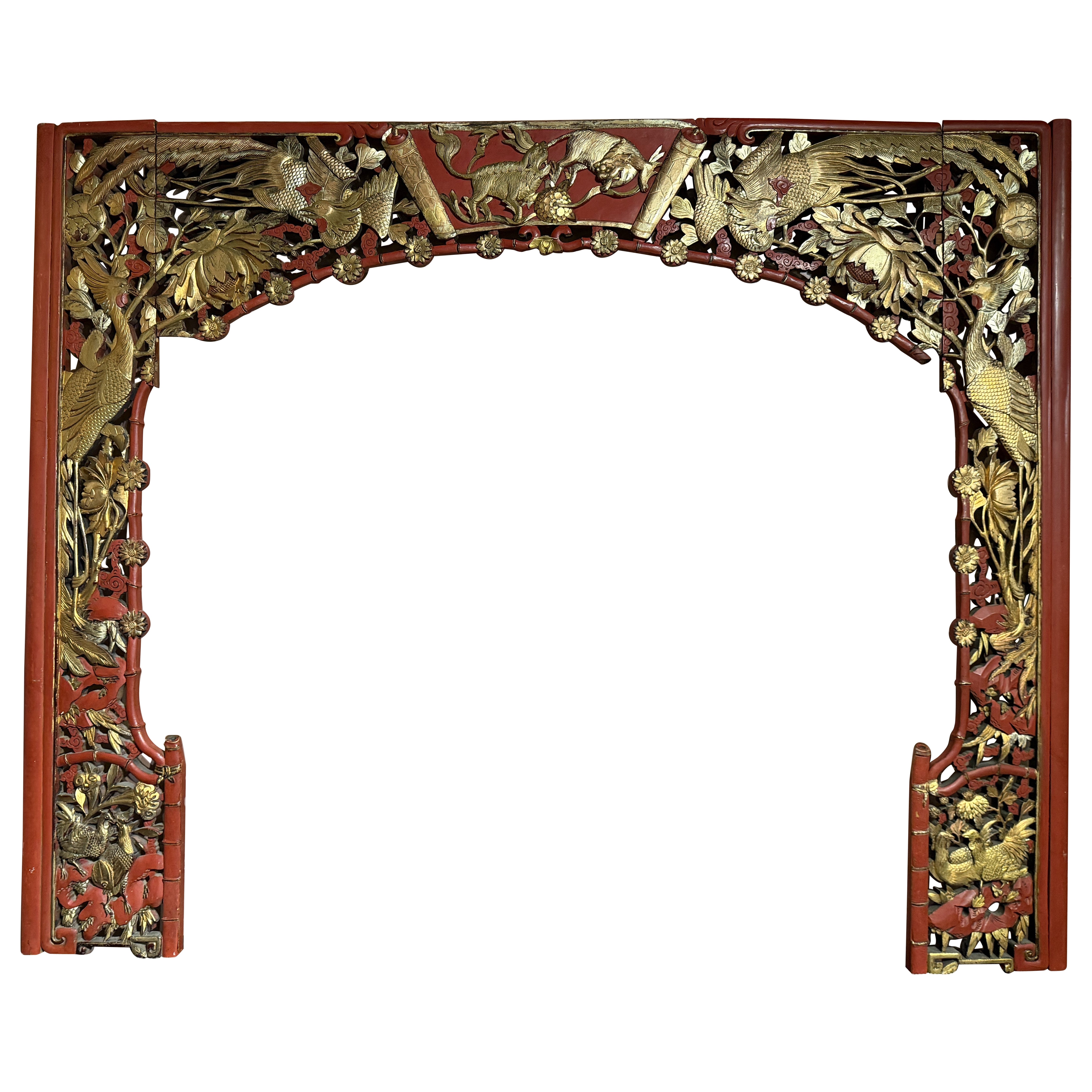 3 pc Carved & Gilt Asian Doorway Panel Surround with Phoenix & Dragon Decoration
