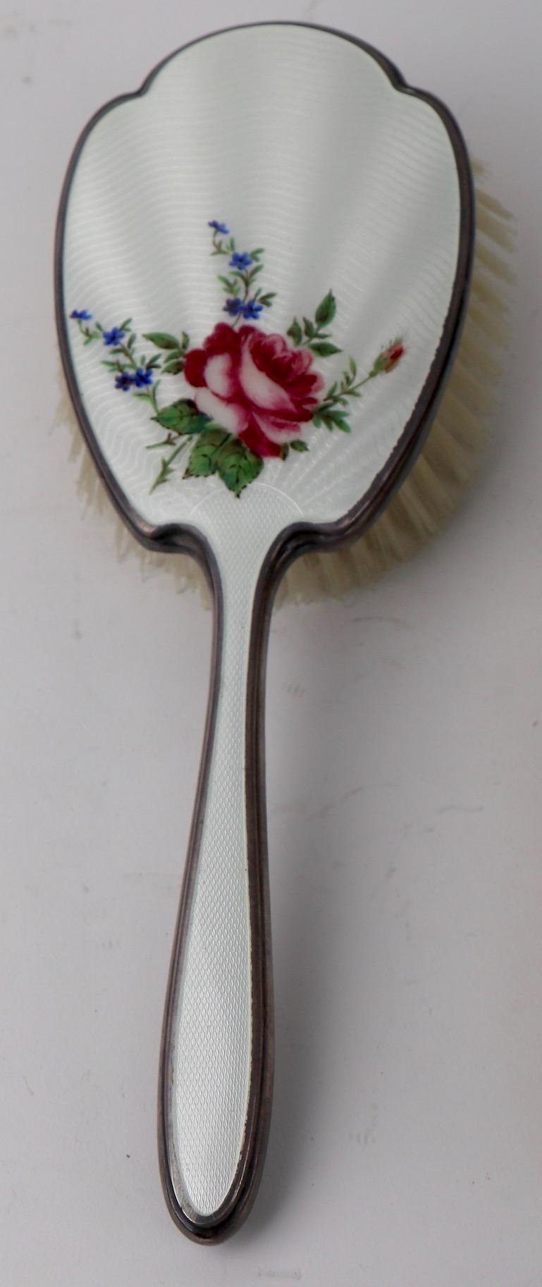 Art Deco 3-Piece Enamel Vanity Dresser Brush and Mirror Set Made in England For Sale