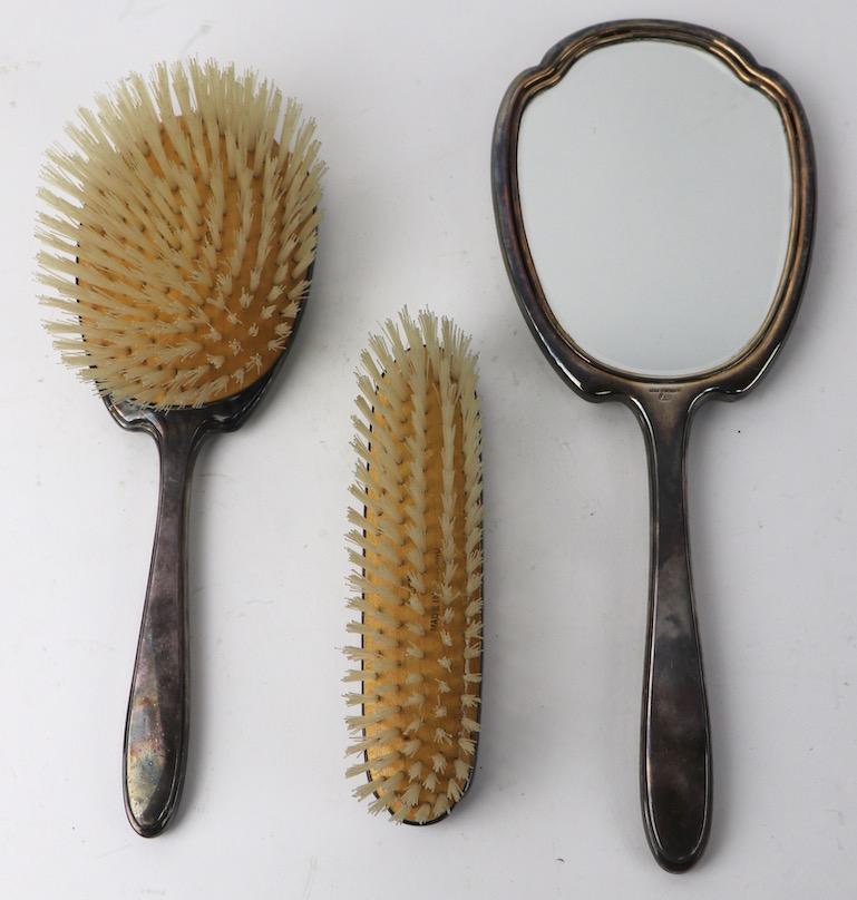 20th Century 3-Piece Enamel Vanity Dresser Brush and Mirror Set Made in England For Sale