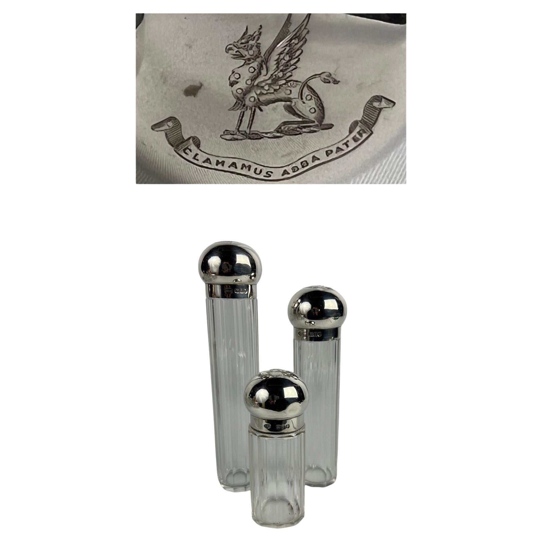 3 Pc, Henry Greaves "Clamamus Abba Pater" Sterling Silver & Crystal Dresser Jars For Sale