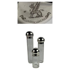 3 Pc, Henry Greaves "Clamamus Abba Pater" Sterling Silver & Crystal Dresser Jars
