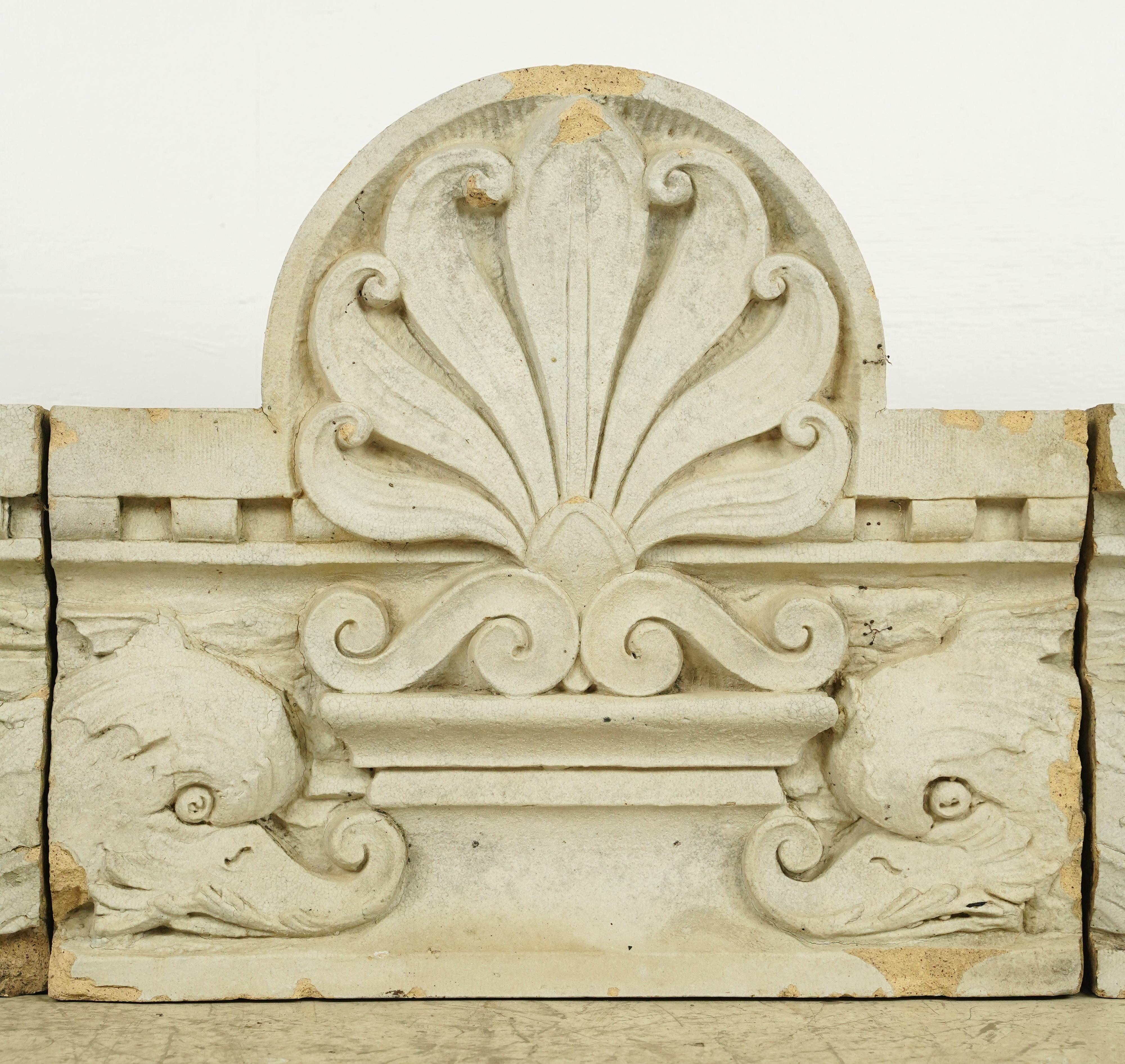 American 3 Pc High Relief Shell Carvings Stone Frieze Ellis Auditorium For Sale
