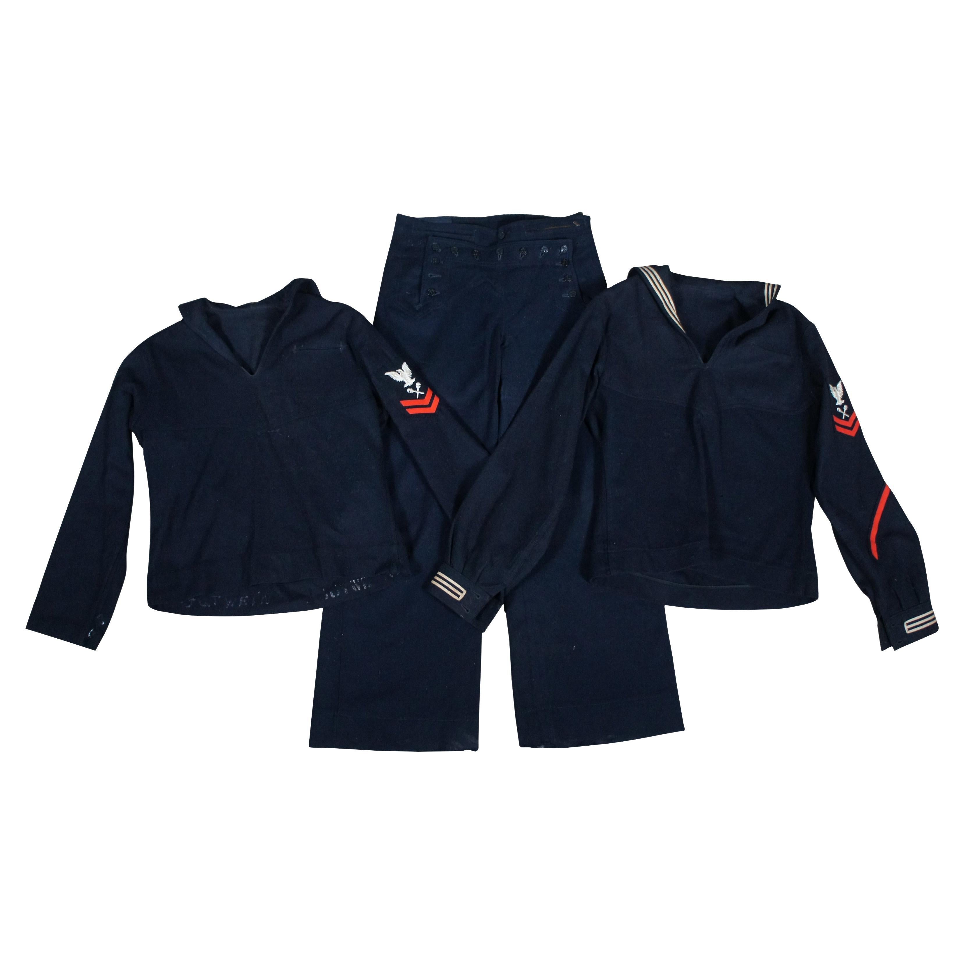 3 Pc Mid Century US Navy Blue Wool Uniform Jumper Pants Cracker Jack For Sale