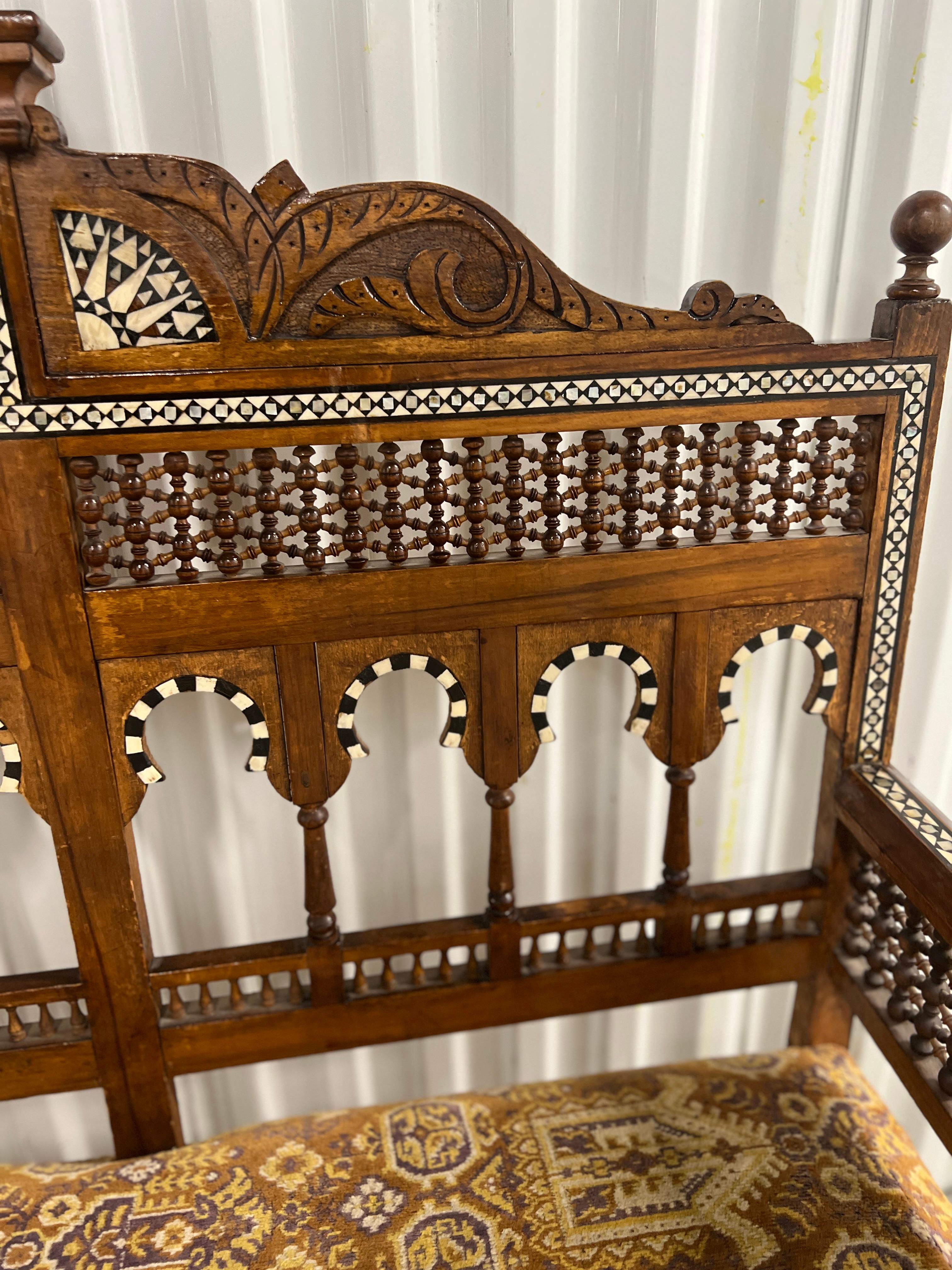 3 Pc, Moorish Syrian Inlaid Arabesque Sofa & Pair of Armchairs Suite C. 1900 For Sale 7